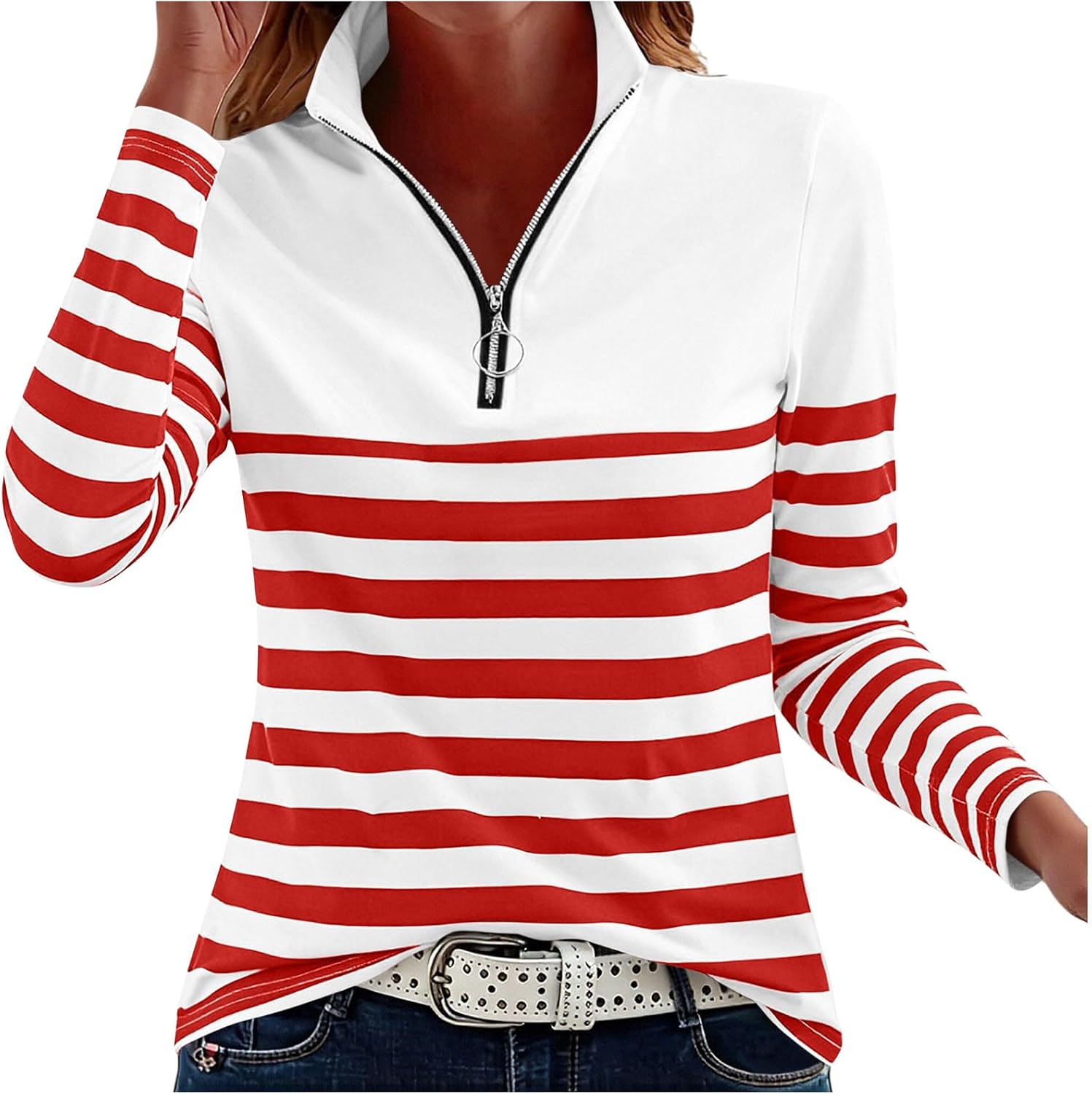 Womens Striped Quarter Zip Sweatshirt Long Sleeve Collared Color Block Blouses Soft Fall Winter Trendy Casual Tops