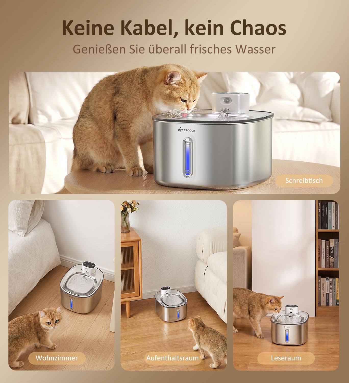 Apetdola FS11PRO Katzenbrunnen aus Edelstahl, 152 FL. oz. / 4,5 L kabelloser Katzenbrunnen, mit 5000-mAh-Akku betriebener Trinkbrunnen für Katzen und Hunde, Ultra‑leise