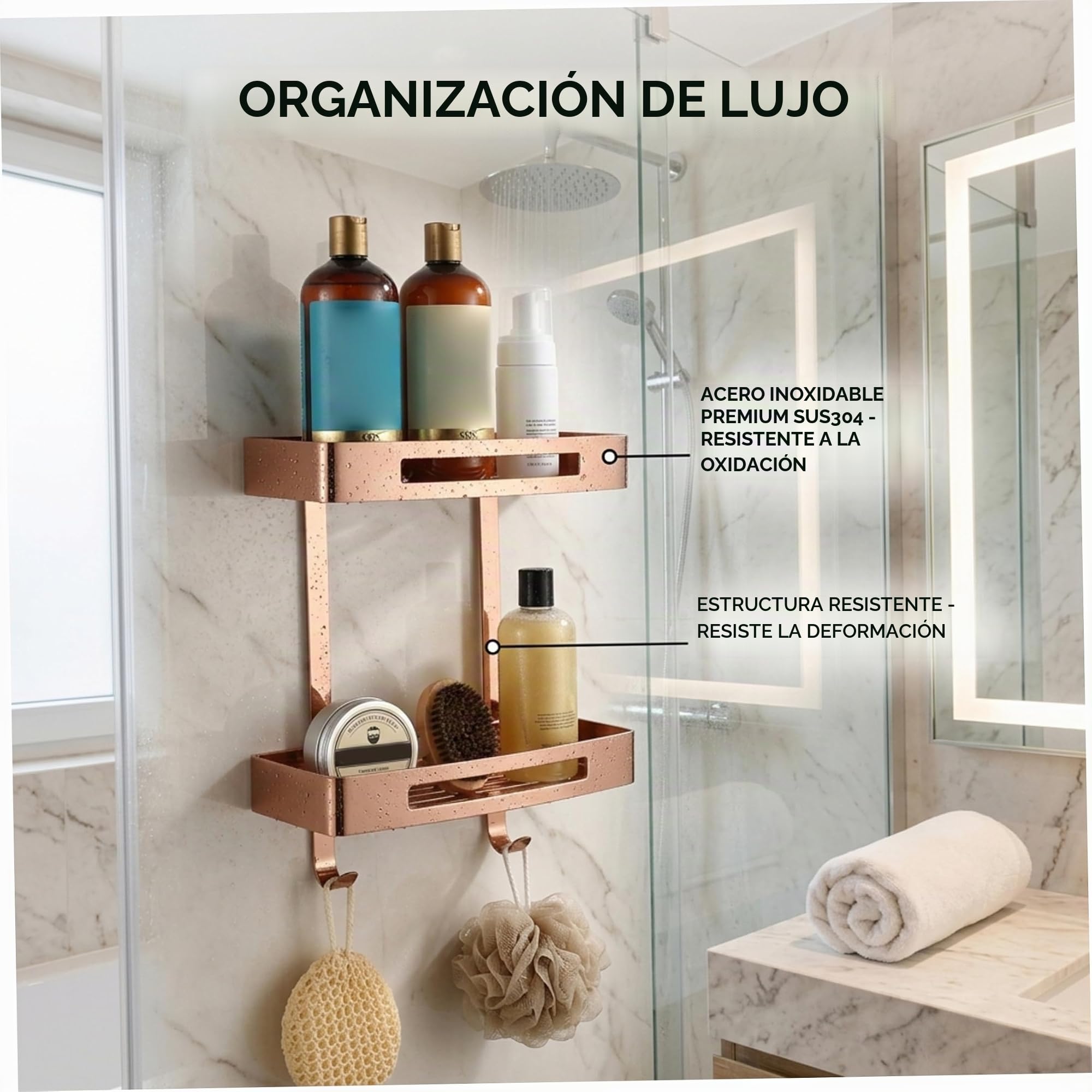 Estante esquinero de baño adhesivo de acero inoxidable, sin taladro, estante de pared para ducha de doble nivel para baño con ganchos (oro rosa)