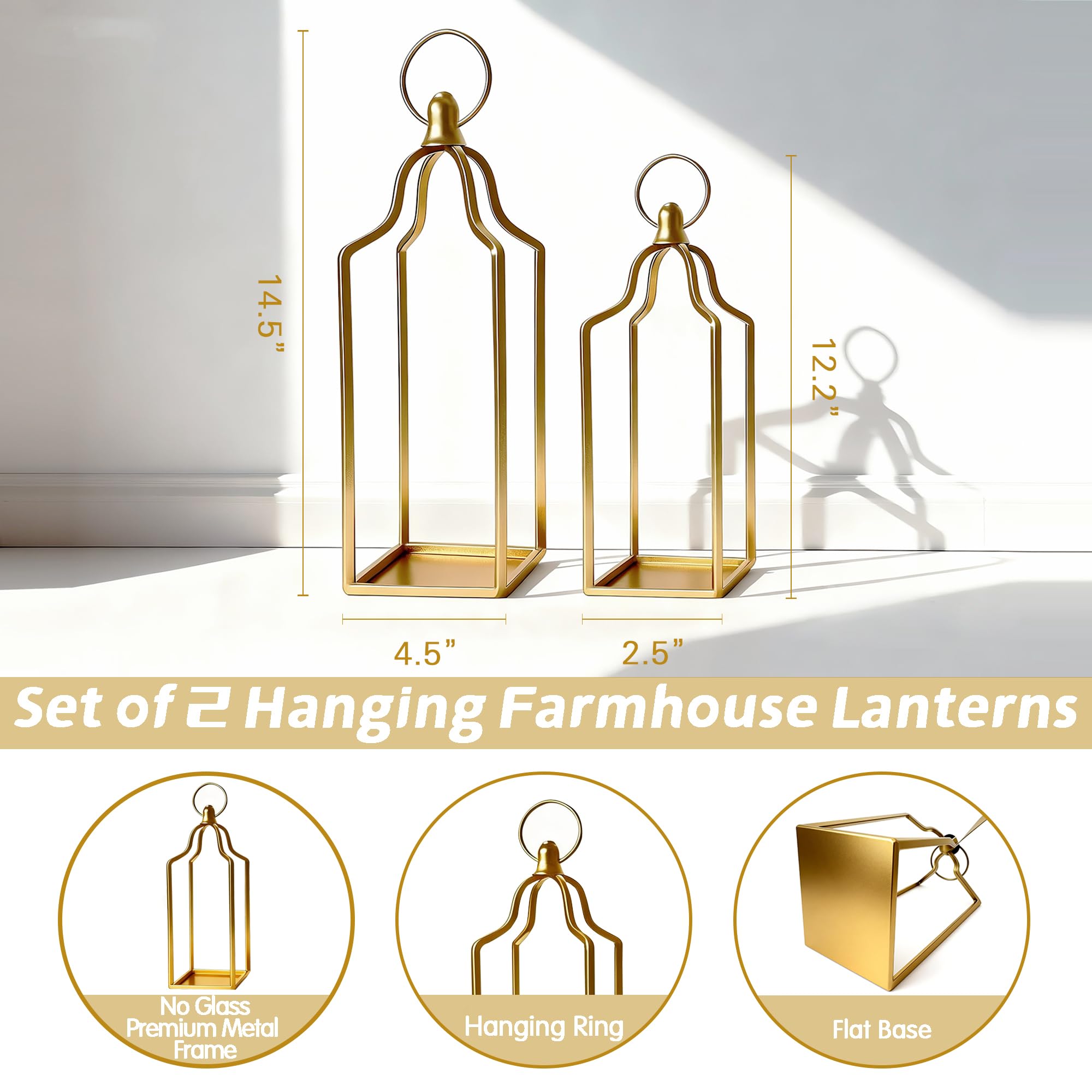 Lot de 2 lanternes décoratives en métal rustique pour maison, intérieur et extérieur, salon, cheminée, terrasse, mariage et centres de table de cuisine (doré, 36,8 x 31 cm)