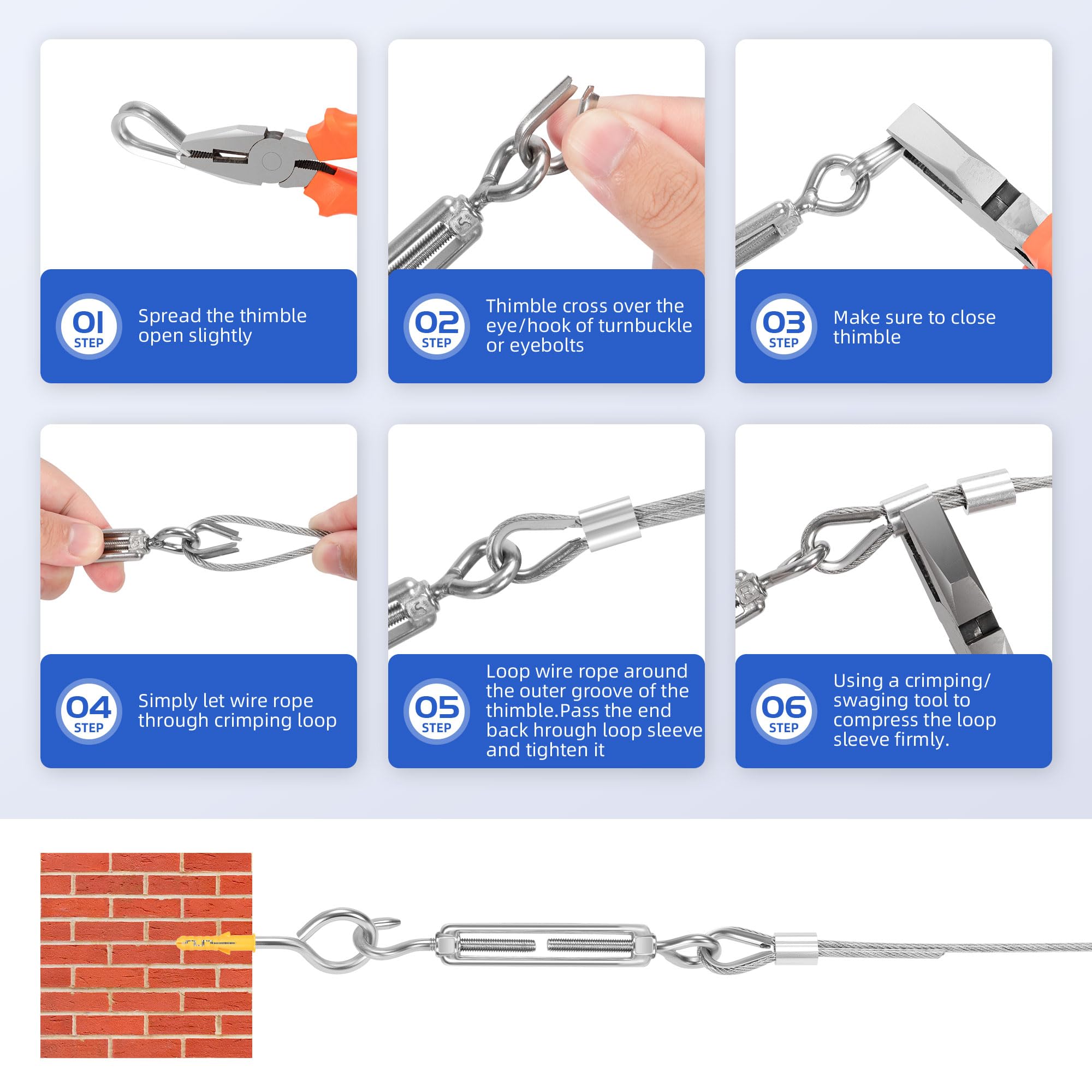 50 m Φ 3 mm Cable Acero Inoxidable, 72 Piezas Kit Cuerda Acero, Cuerda de Alambre Acero Nylon Recubierto con 304 Acero Inoxidable M5 Turnbuckle Tensioner Cable Dedal