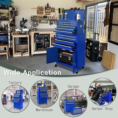 Miniatura 7 de Caja de herramientas con ruedas de 13 cajones con manija de doble puerta, gabinete de almacenamiento de herramientas de gran capacidad con cajones,