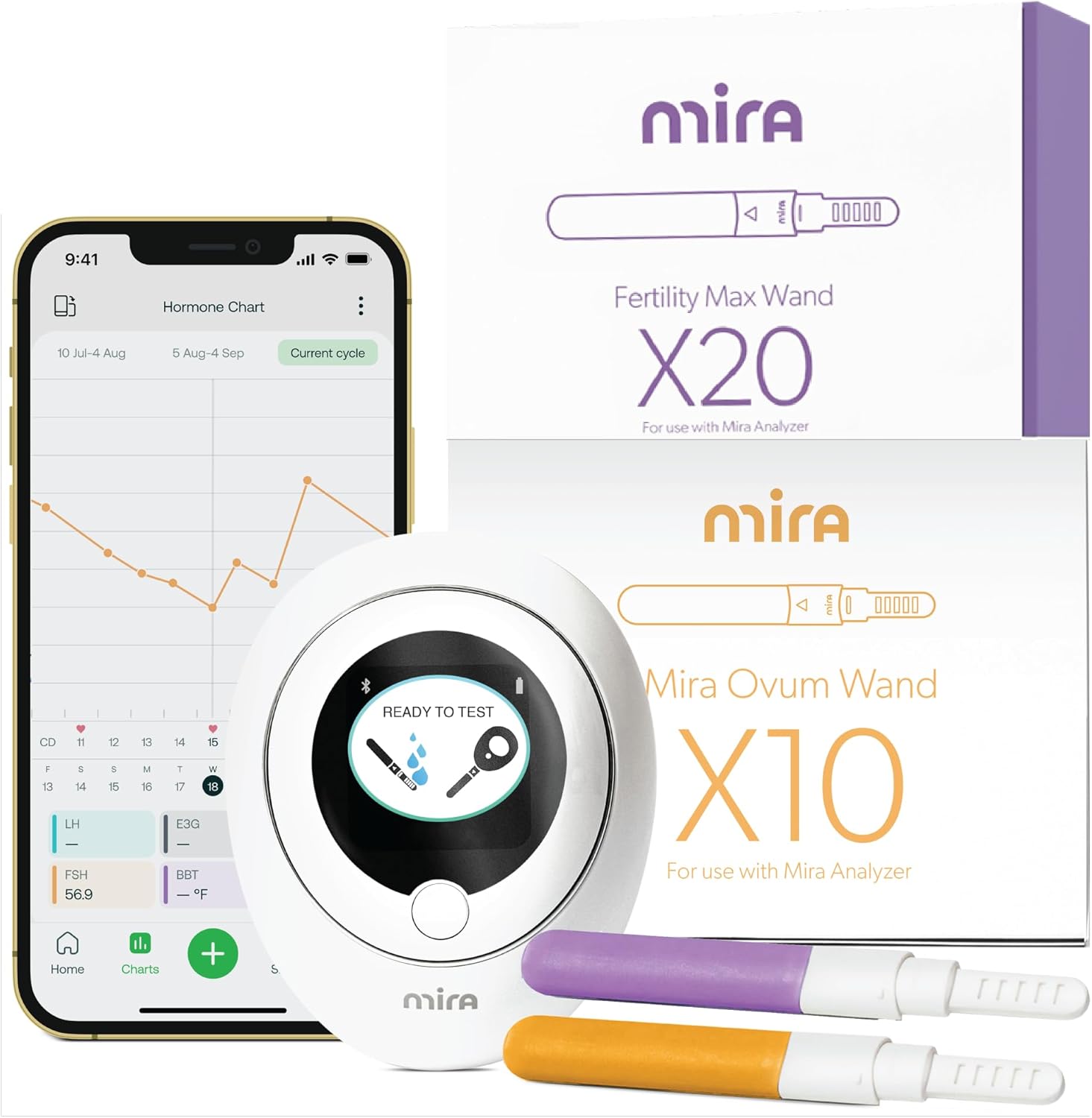 Mira Fertility Check Up Bundle, Mira Analyzer, 10 Ovum Wands, and 20 Max Wands, Track 4 Fertility Hormones, Monitor and Detect Ovulation and Fertility Window