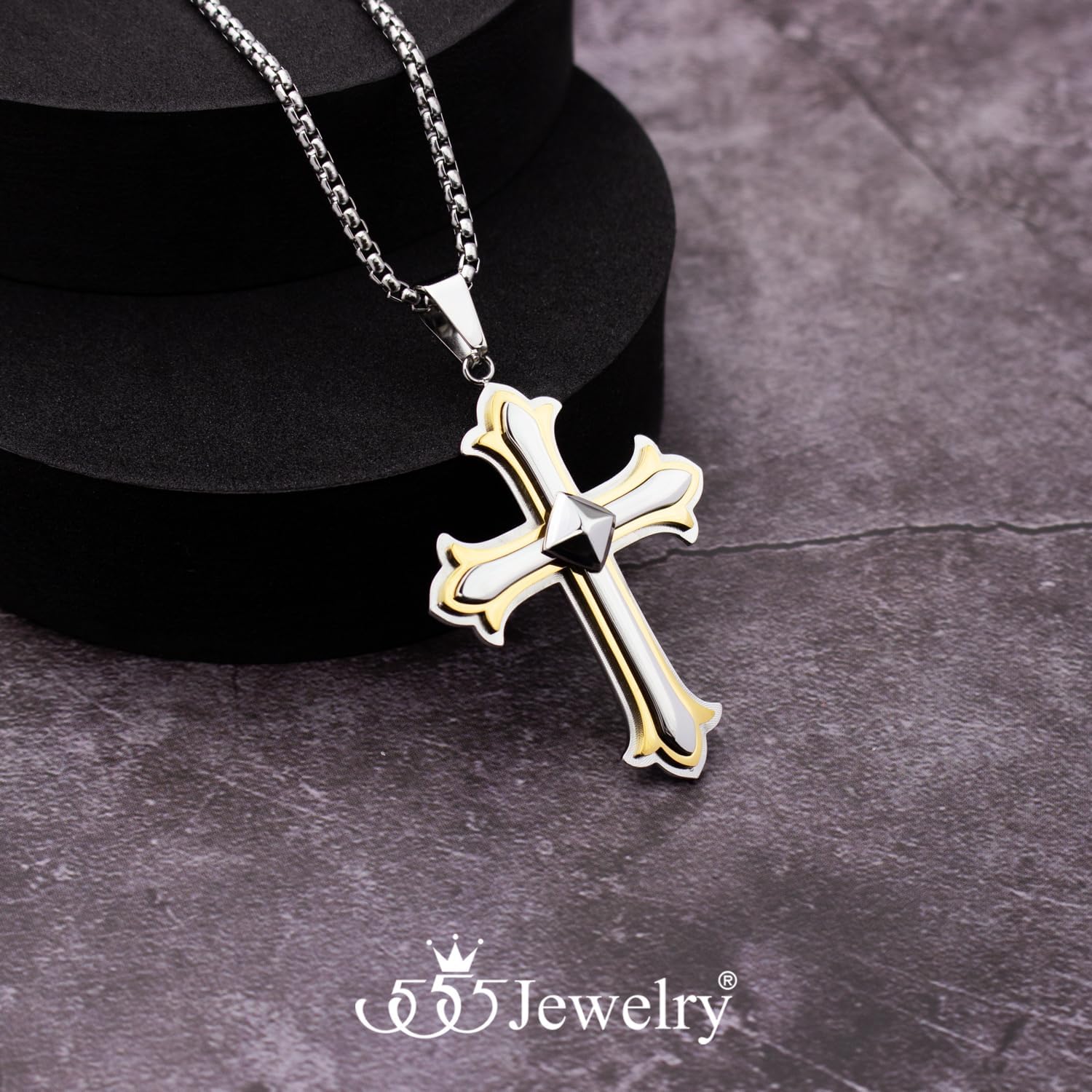 555Jewelry Layered Stainless Steel Cross Necklace for Men and Women, 16-24" Chain - Image 5