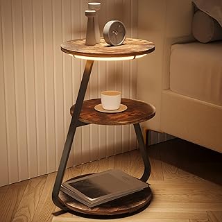 ARTETHYS Side Table, Small Round Coffee Table with 3 Color LED Lights, End Table with 3 Tier Storage Shelves, Bedside Sofa...