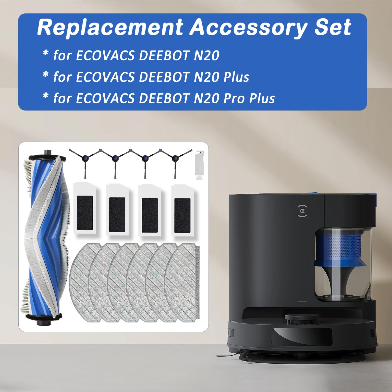 Accessori di Ricambio per ECOVACS DEEBOT N20 Pro Plus/ N20 Plus/ N20 Aspirapolvere Robot, Kit con 1 Spazzola Principale (Antigroviglio Spazzola), 6 Panni Mop, 4 Filtri, 4 Spazzole Lateral