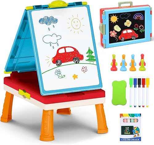 Caballete de arte para niños, caballete de arte plegable de doble cara, pizarra de tiza y pizarra blanca con accesorios de pintura, regalo de