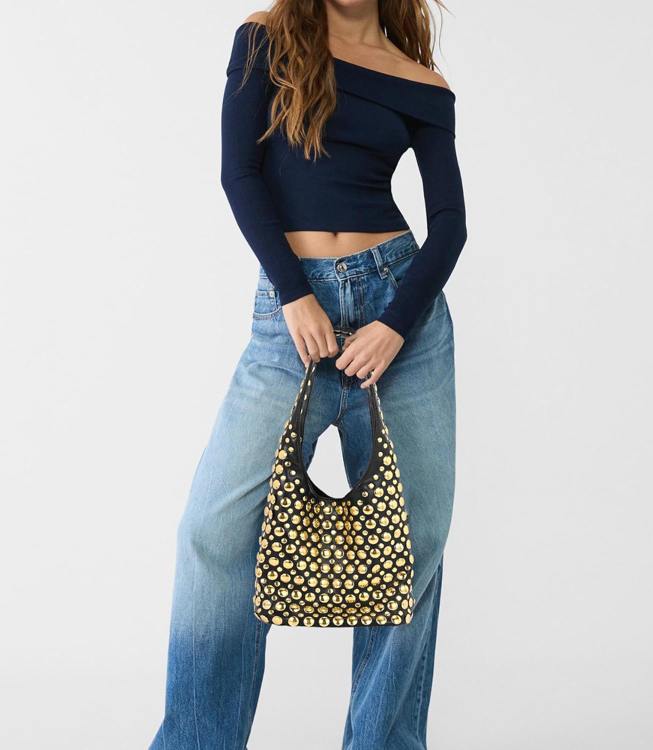 Stylish Studded Hobo Bag Y2K Rivets Bucket Purse for Women Trendy Small Shoulder Tote Handbag