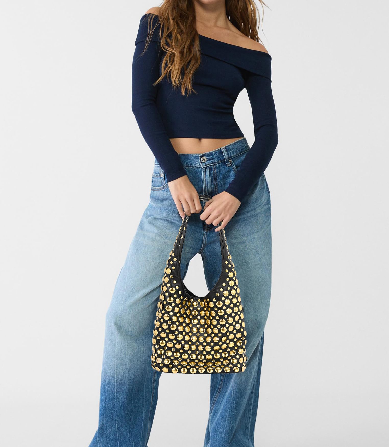 Elegante borsa hobo borchiata Y2K rivetti borsa a secchiello per le donne alla moda piccola borsa a tracolla