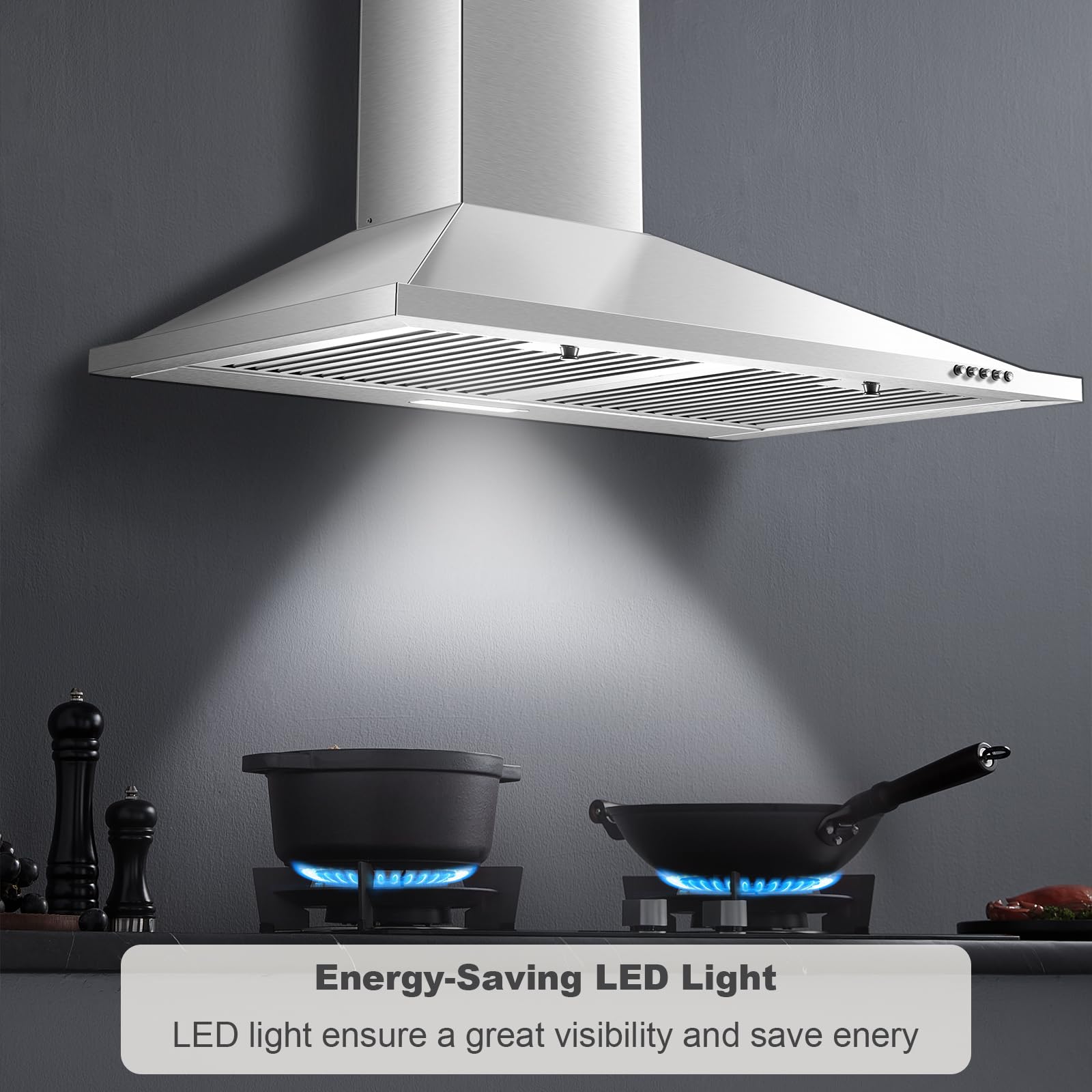 Campana extractora de 76,2 cm, Montaje en pared, Acero inoxidable, 3 velocidades, 450 CFM, LED, Plateado