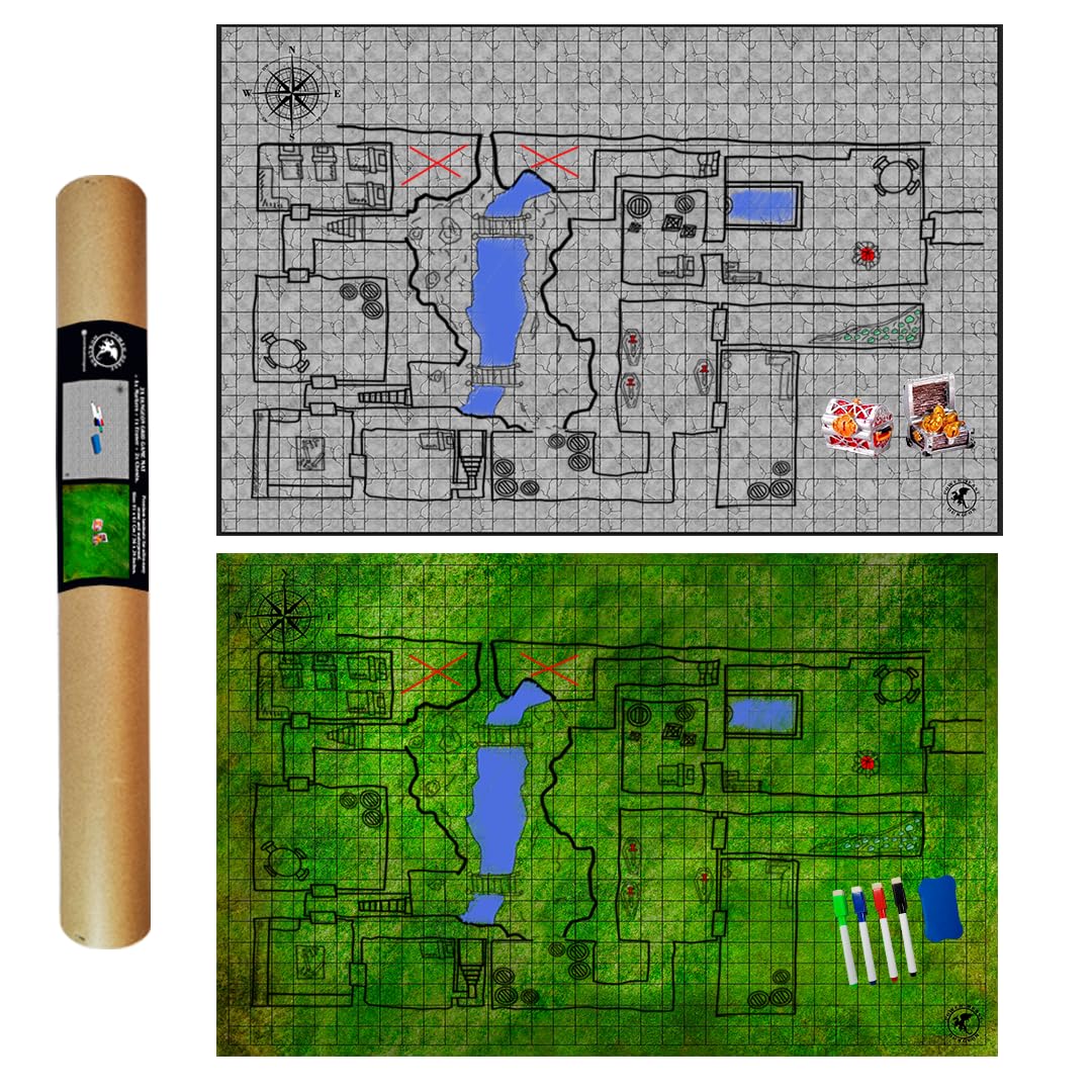 Dungeon 2X Grid Game Mat + Rotuladores y Borrador + Cofres, Mapa Juego rol, D&D, Dragones y Mazmorras, Tablero rol y Juegos de Mesa, Dungeons and Dragons, DND, RPG, Dungeon Master.