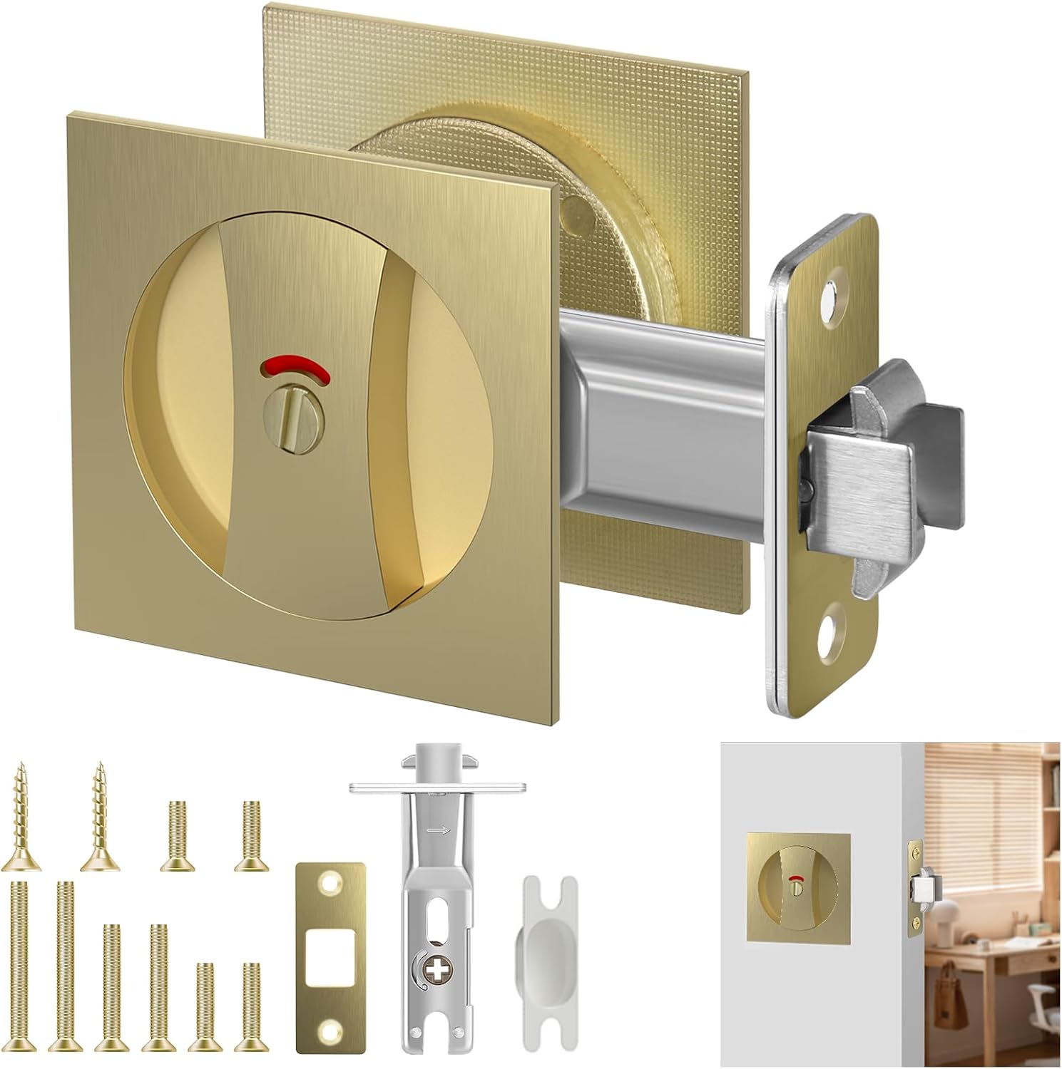 Aglehome Brushed Brass Pocket Door Hardware, Contemporary Privacy