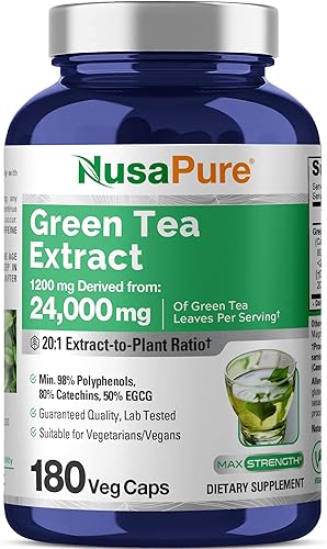 NusaPure Extracto de té verde extra fuerte 20:1, 24000 mg, 180 cápsulas veganas, 50% EGCG, 98% polifenoles y 80% catequinas, potente extracto 20x