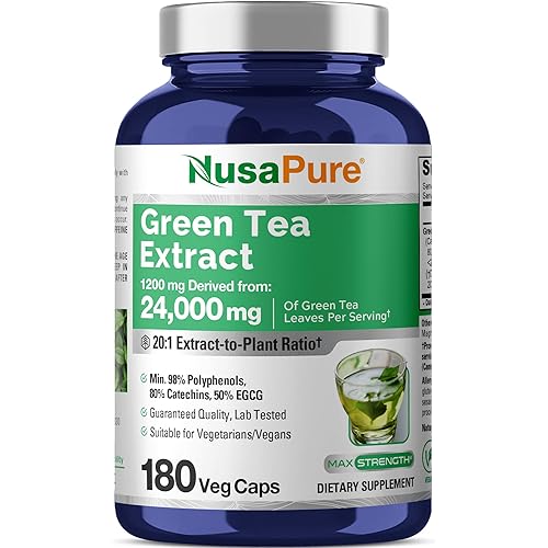 NusaPure Green Tea 20:1 Extract, 1200 mg Equivalent to 24000mg, 180 Vegan Capsules, 50% EGCG, 98% Polyphenols, 80% Catechins