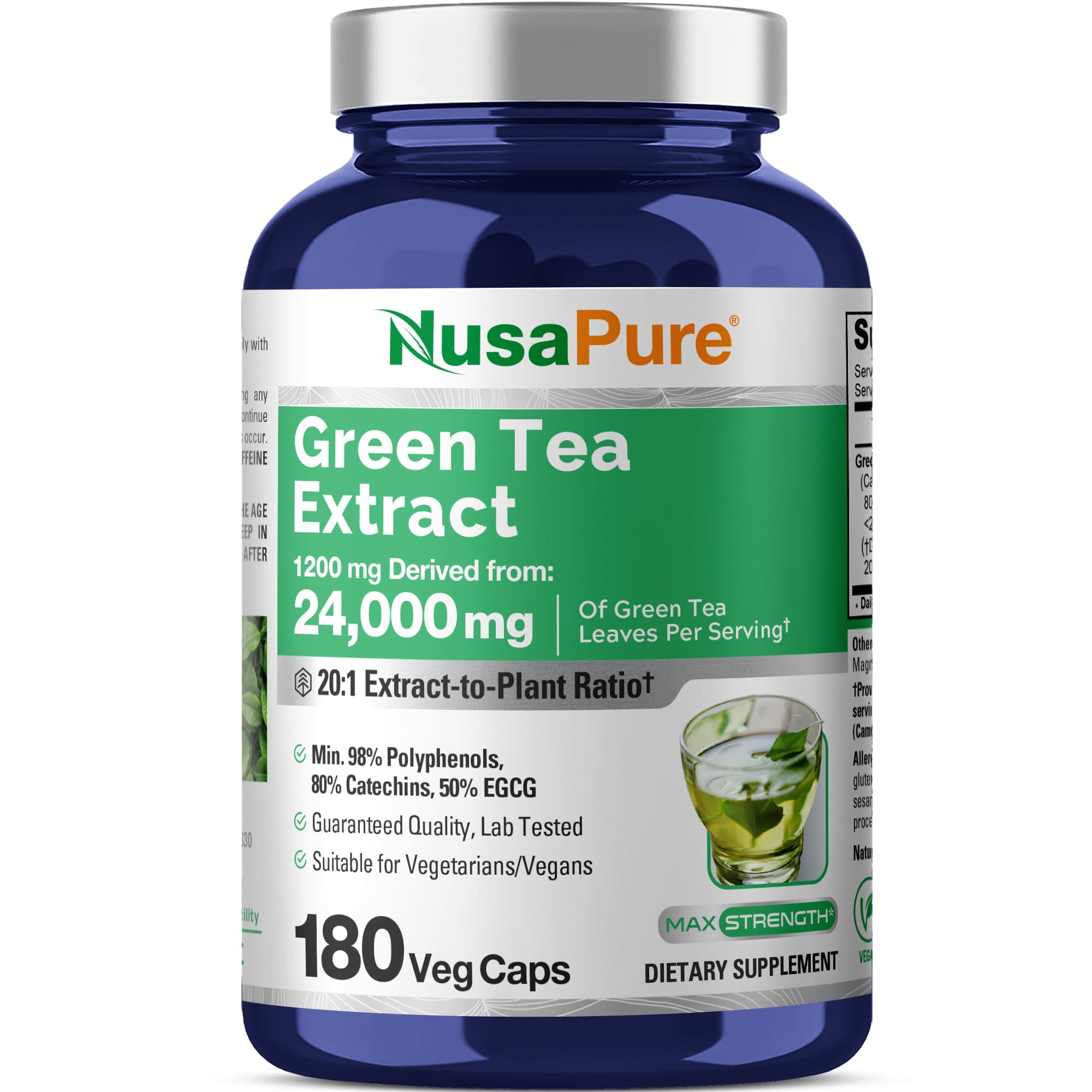 NusaPure Green Tea 20:1 Extract, 1200 mg Equivalent to 24000mg, 180 Vegan Capsules, 50% EGCG, 98% Polyphenols, 80% Catechins