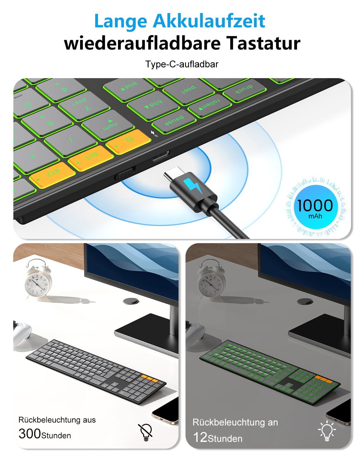 OMOTON Kabellose Tastatur Beleuchtet, Bluetooth + 2,4G, Graphit | Metallgehäuse, Wiederaufladbare, Multi-Device, Funktastatur Leise, Ergonomische, Deutsches QWERTZ Layout für Windows PC/MAC