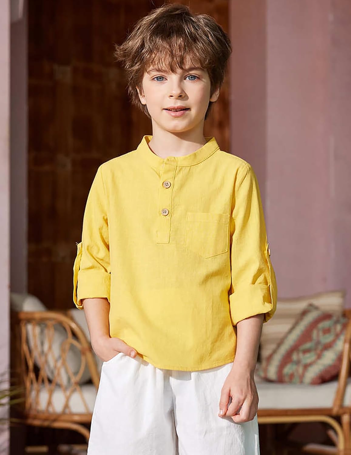 Arshiner Boys Cotton Linen Henley Shirt Button Down Shirt Long Sleeve T Shirt Beach Shirt Tee Casual Solid Tops - Image 2