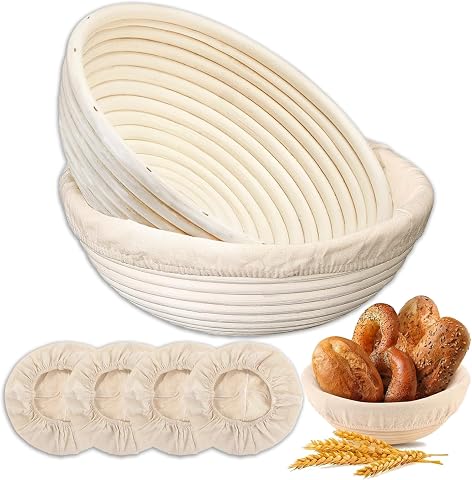 Banneton Bread Proofing Basket Set, 2 Round 9-Inch Natural Rattan Baskets with 4