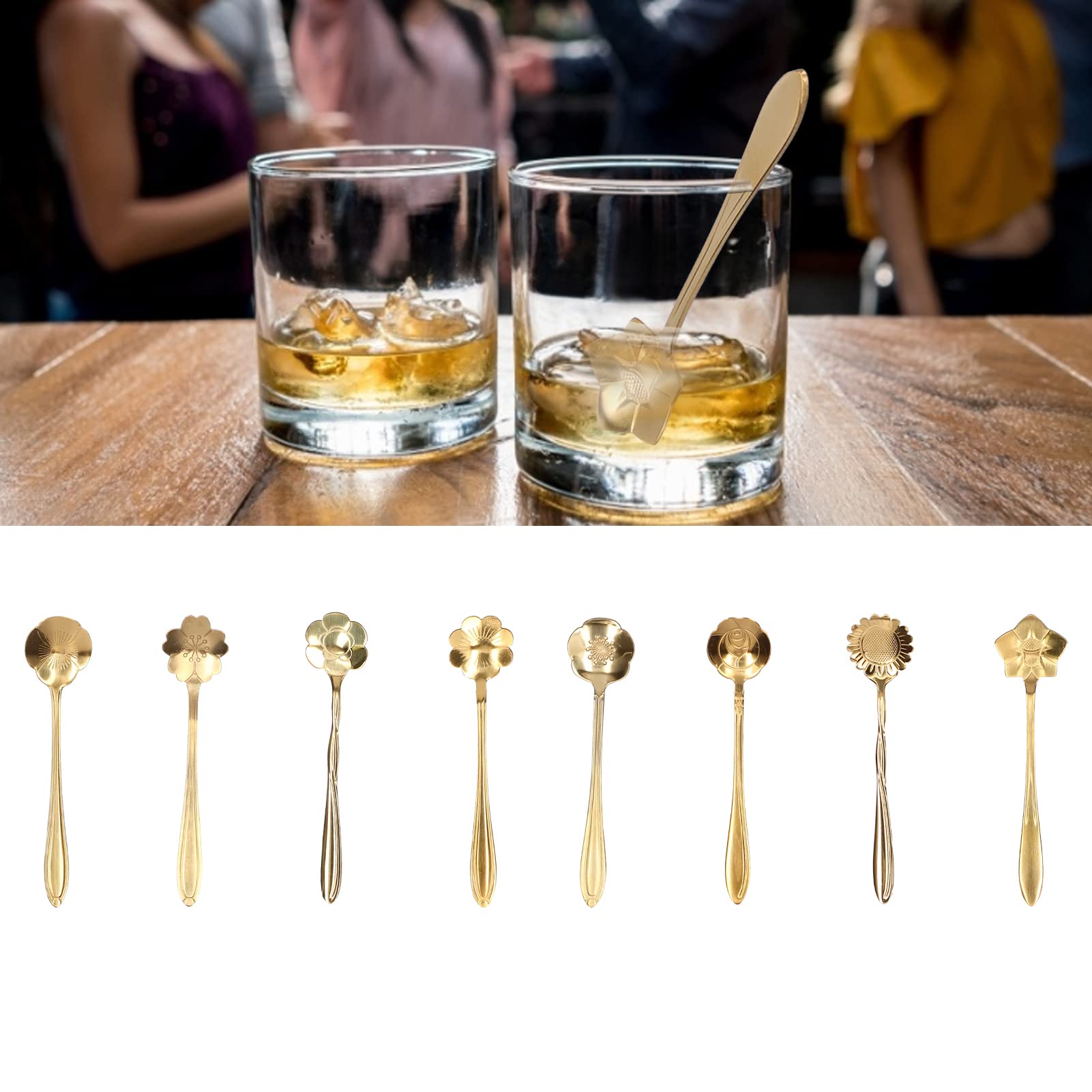 Stainless Steel Creative Tea Dessert Spoons, 8 Pieces Flower Shaped Coffee Teaspoon Set, Small Cooffee Stirring Spoon, Tableware Creative Dessert Spoons Sugar Spoon Coffee Spoon Teaspoon (Gold)