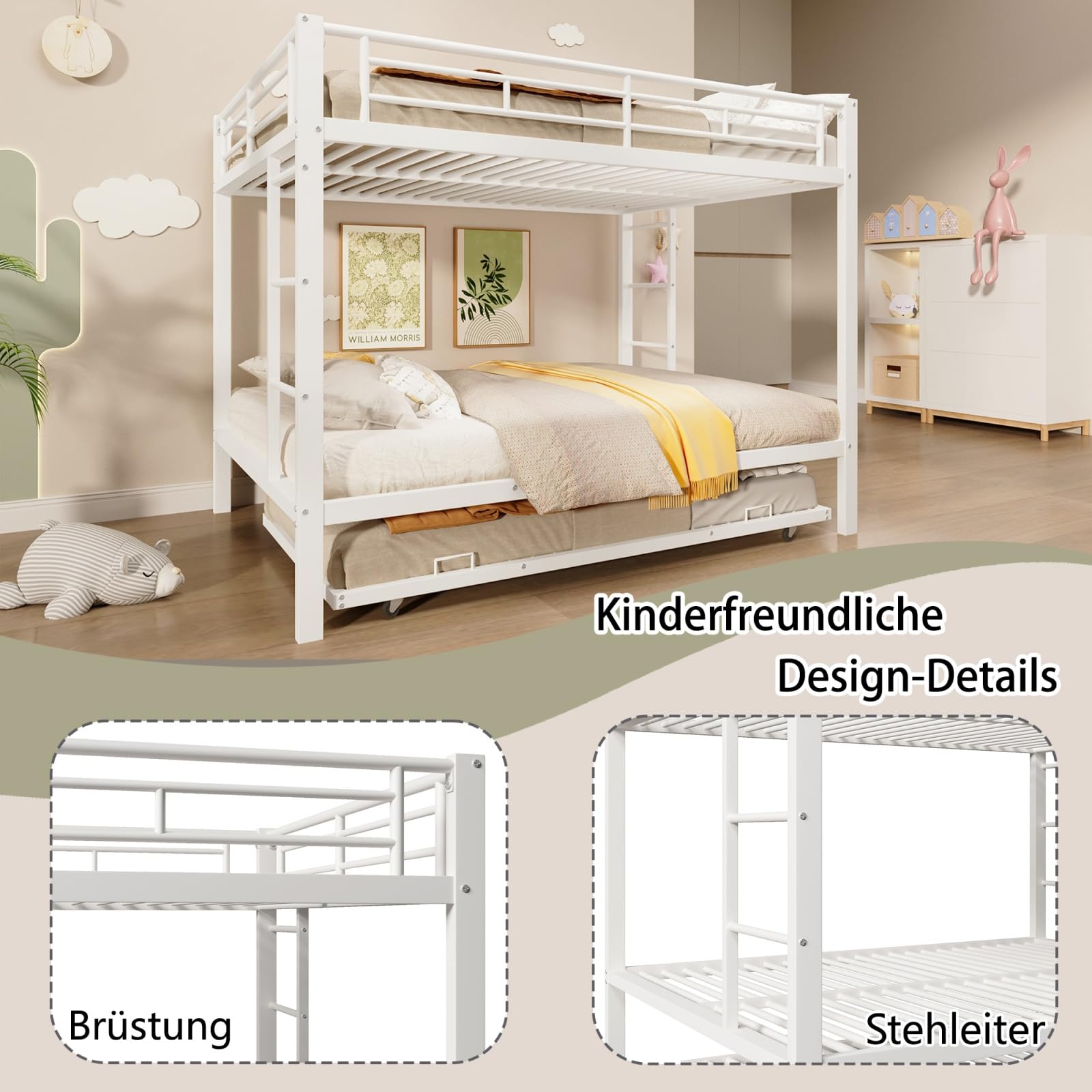 PUGSDRLY Lit Superposé 3 Places avec Lit Gigogne, Structure en Métal Robuste, lit Mezzanine 2 Places avec Haute Barrière de Sécurité, pour Étudiant, Adulte (Blanc+Métal, 140 * 200cm)
