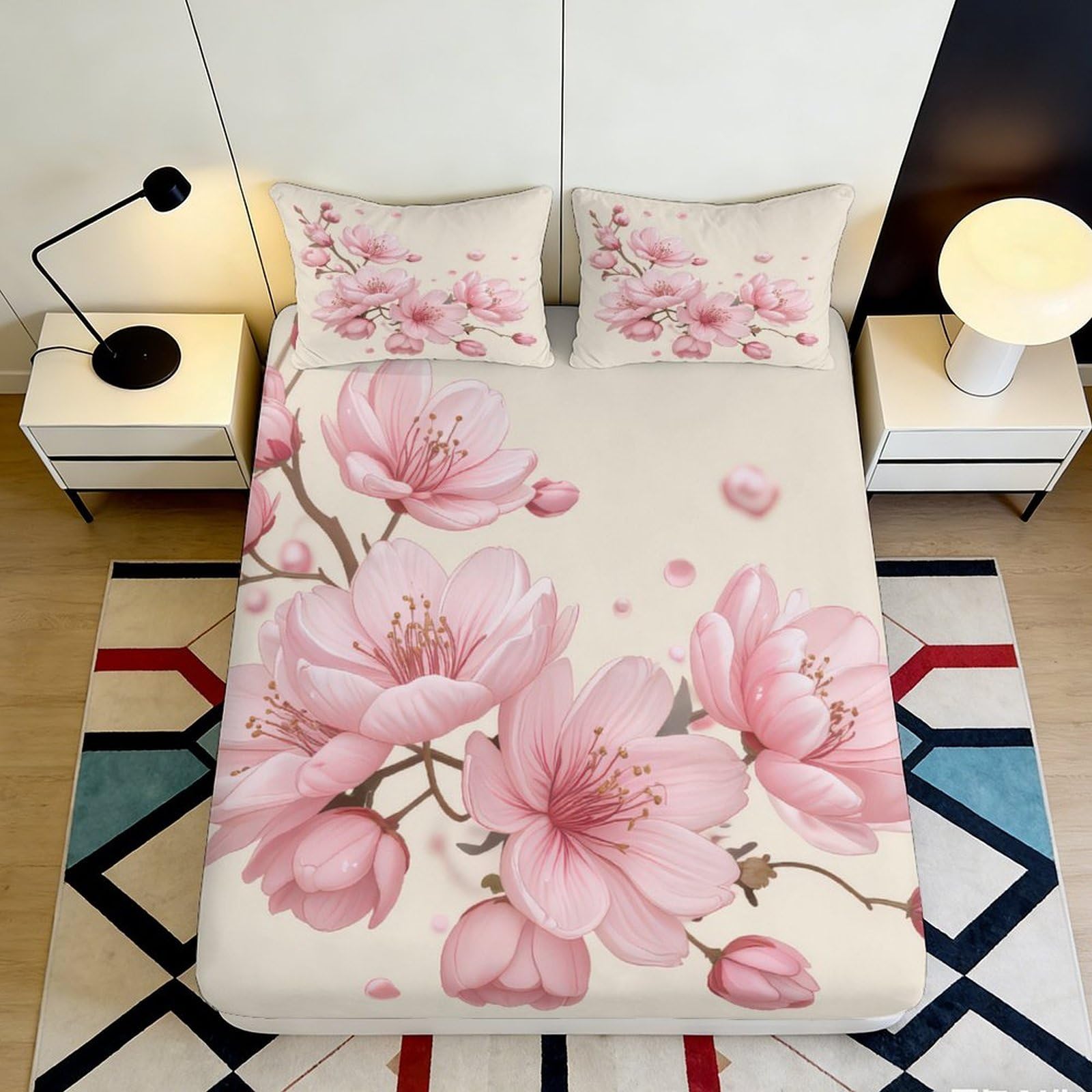 3D Printed Sakura Fitted Sheet Microfiber Non-Slip Deep Pocket Cherry Blossom Mattress Fitted Cover Washable for Bedroom 90x200x25cm