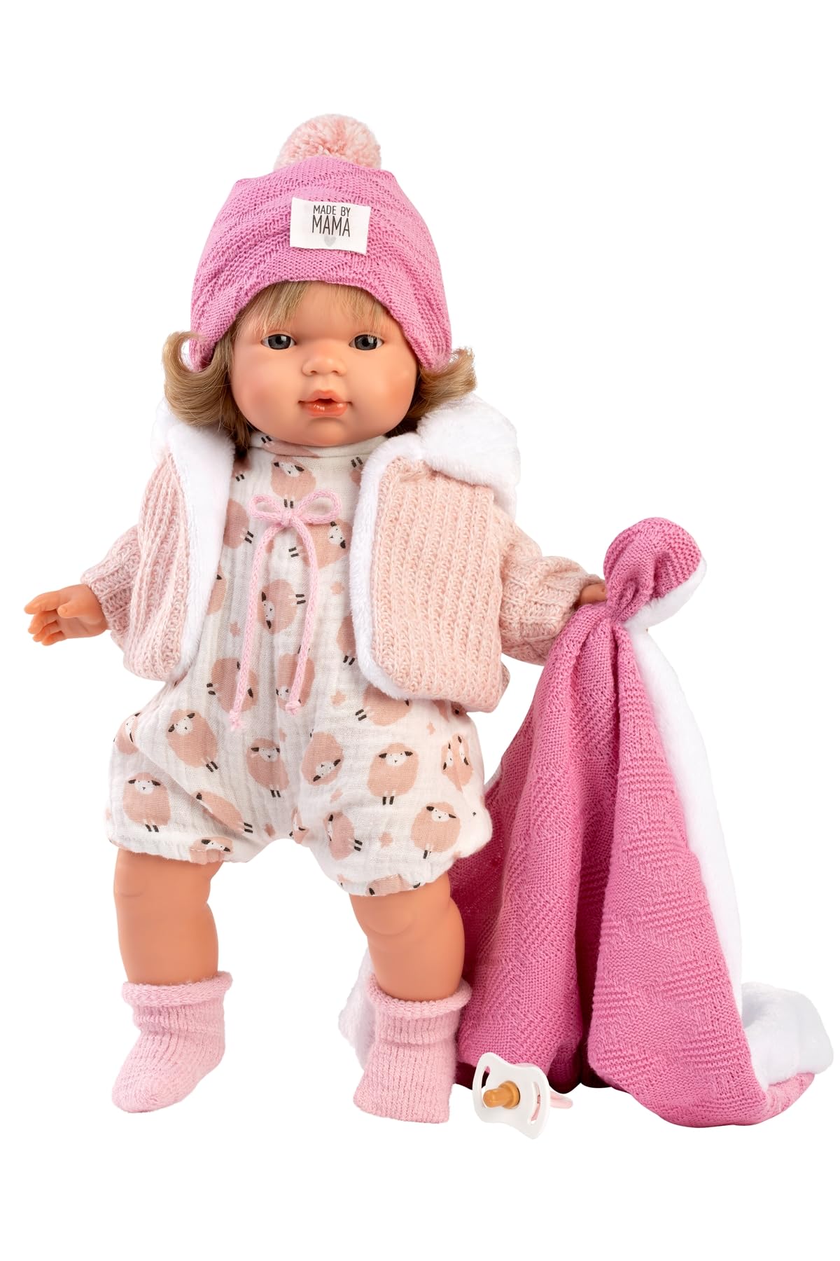 Llorens 1038572 Puppe Lola, mit grauen Augen und blonden Haaren, Babypuppe mit weichem Körper, inkl. Strickoutfit mit Mütze und rosa Kuscheldecke, 38 cm