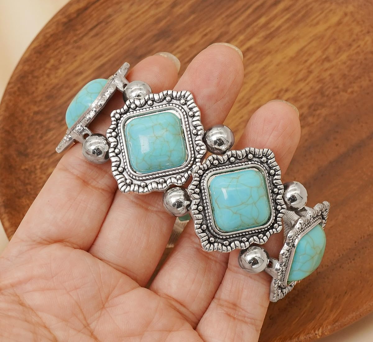 Turquoise Stretch Bracelets Boho Natural Stone Bangle Bracelet Adjustable Carved Wrist Bracelet - Image 4