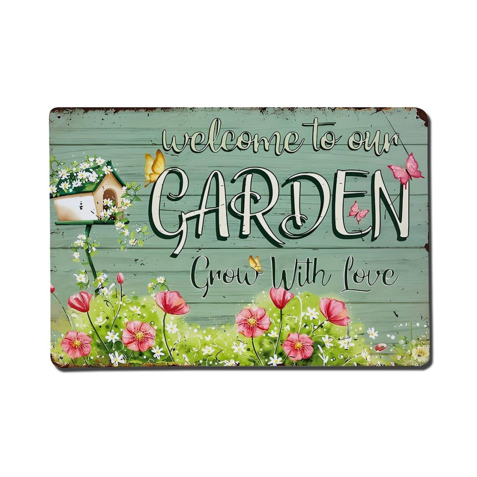 Welcome To Our Garden Grow With Love Tin Sign Metal Poster Vintage Metal Signs for Home Man Cave Bar Cafe Kitchen laundry room Wall Decorations Gift 8x12Inch