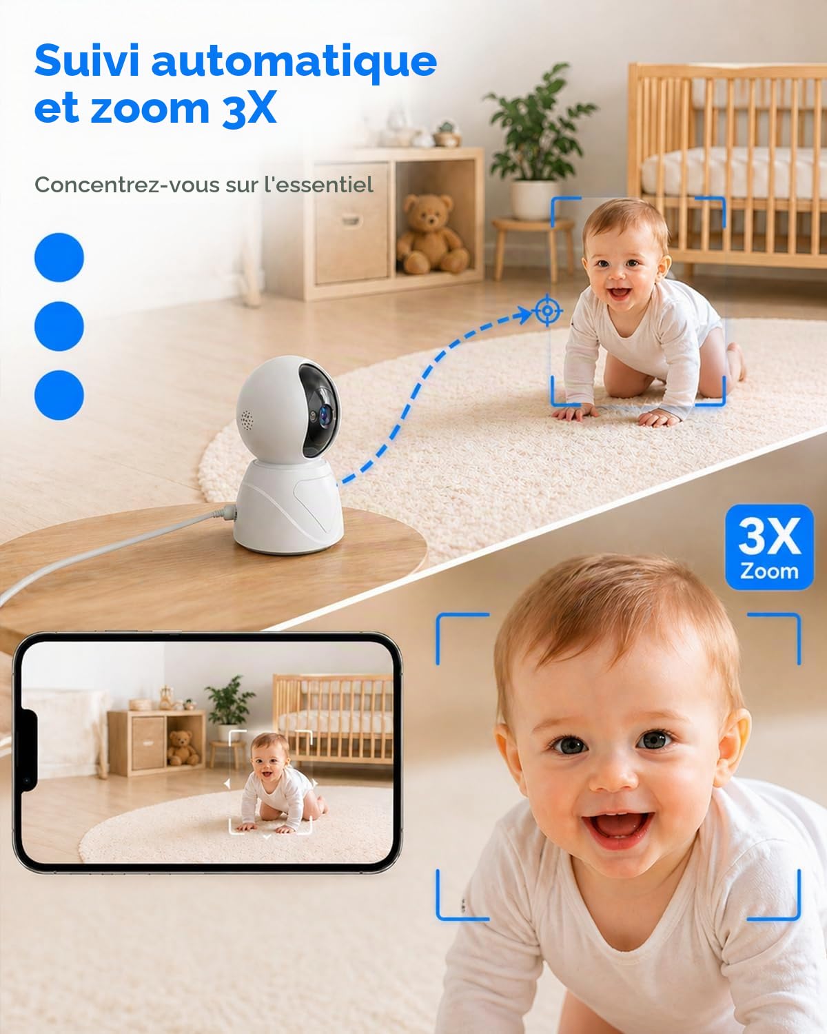 Caméra de sécurité d'intérieur inclinable 5G/2,4 G, 1080p pour moniteur de bébé/personne âgée, caméras de vidéosurveillance WiFi, sirène d'alarme, vision nocturne, conversation bidirectionnelle, SD