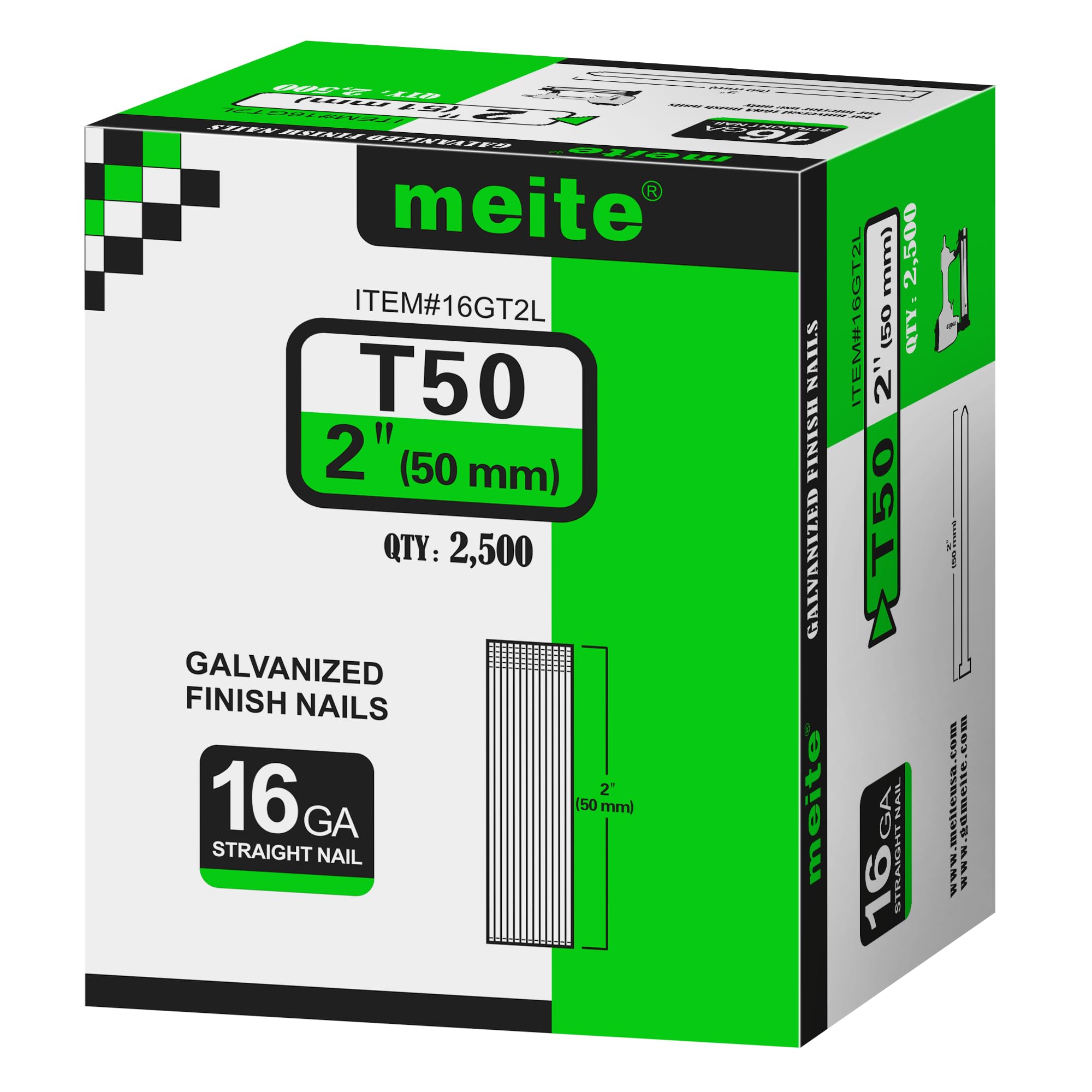 meite T50 16 Gauge Finish Nails, 50 mm Length Galvanised 16G Brad Nails for Nail Guns - Ideal for Woodworking, Upholstery, and Framing Projects (1 Case - 10 Boxes)