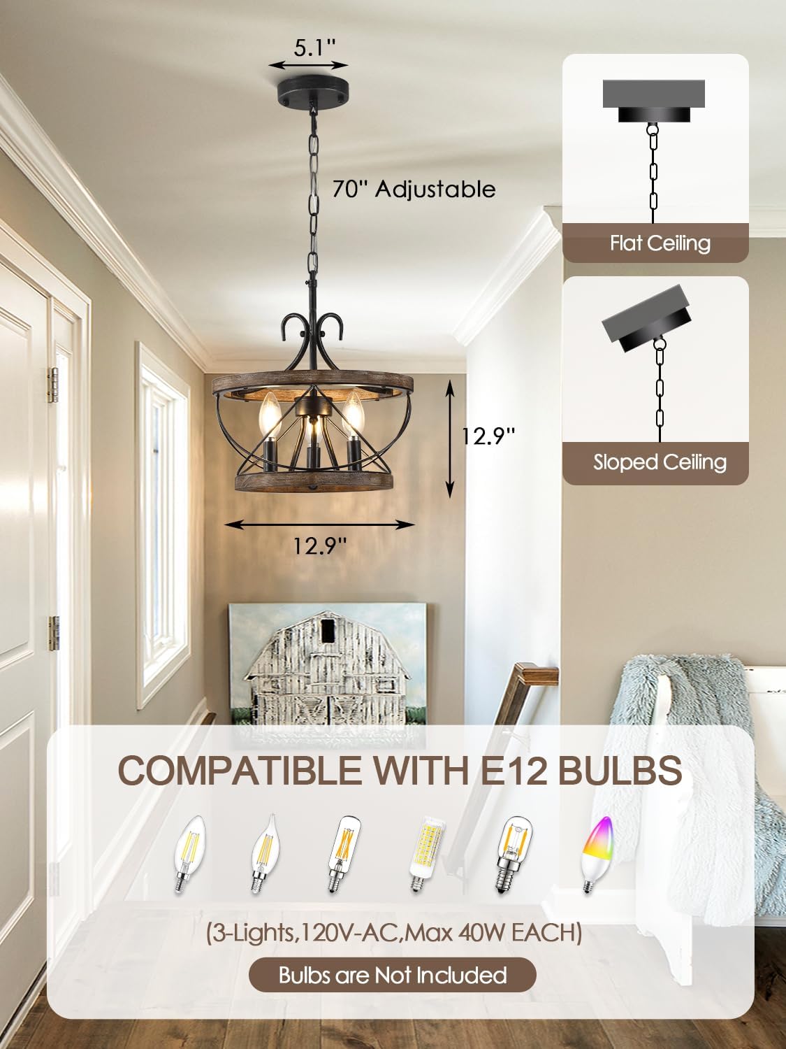 12 Inch Farmhouse Wood Chandelier Light Fixture, 3-Light French Country Rustic Industrial Drum Hanging Pendant Lighting Over Table for Kitchen Island Dining Room Entryway