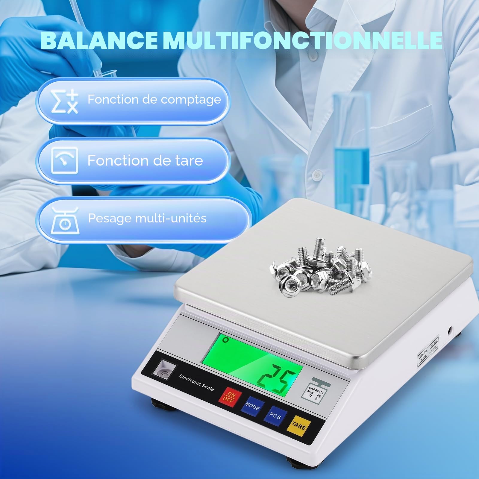 CGOLDENWALL Balance de Comptage 6 kg x 0,1 g, Tare & Alarme Surcharge | Balance de Précision Laboratoire, 6 Unités, Grand Plateau Inox 17,8x17,8 cm, Alim. AC/DC, pour Pièces, Monnaies,Inventaire
