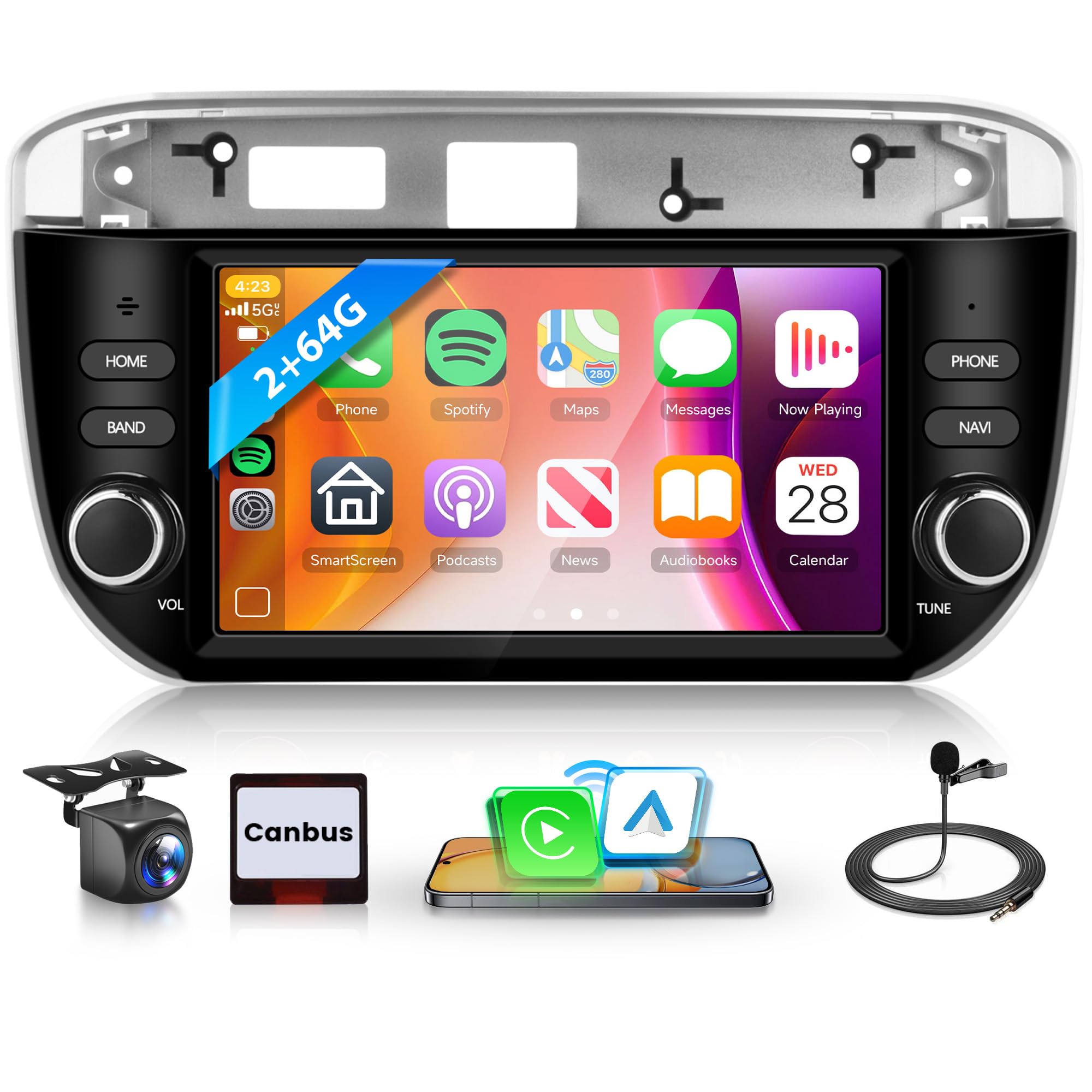 4 Core 64G Android Autoradio per FIAT Linea Punto Evo Linie 2012-2015 Wireless Carplay Android Auto 7 Pollici Autoradio con GPS Navi WiFi Mirror Link Bluetooth FM/RDS/EQ/USB/SWC Telecamera Posteriore