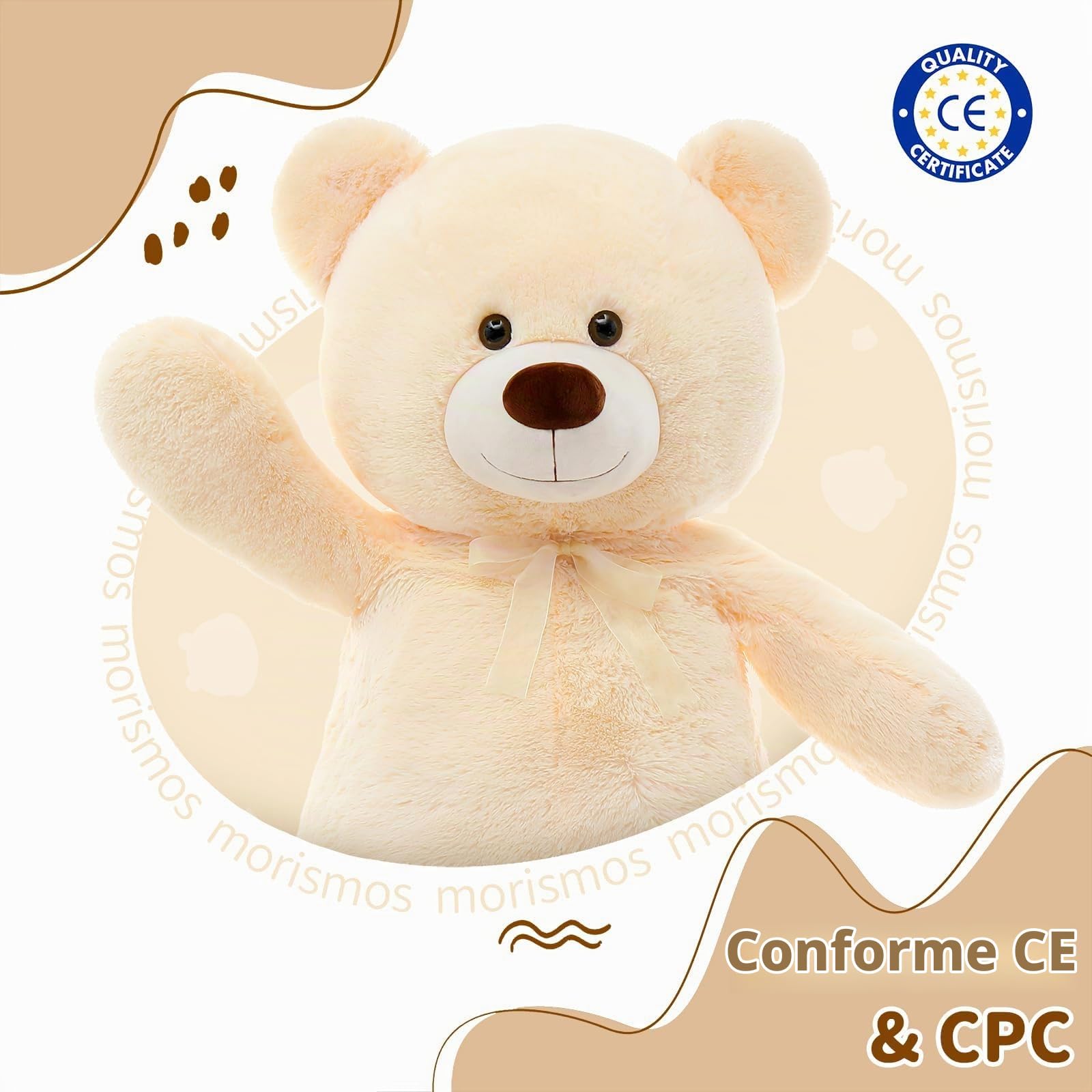 MorisMos Ours en Peluche Nounours Geant 130cm, Gros Doudou Teddy Bear Geante XXL Beige Mignonne,Cadeaux de Noël, Idée Cadeau Saint Valentin pour Femme Enfant Filles Amie Anniversaire Fête