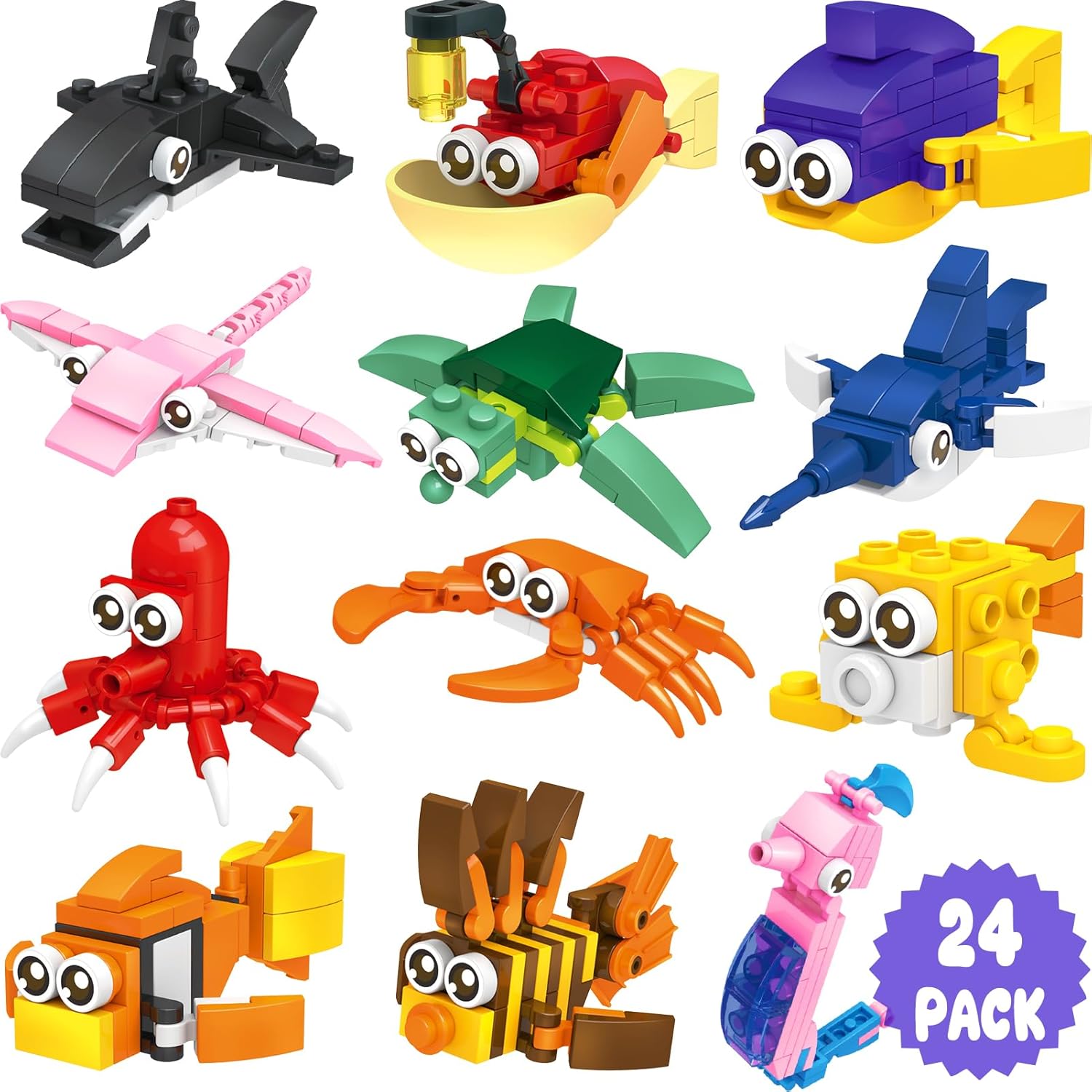 Partylamb 24 Packs Sea Animal Building Blocks Easter Gifts for Kids Teens Boys Girls, Easter Egg Fillers Goodie Bag Stuffers Exchange Gifts Classroom Party Favors Class Prizes Birthday Gifts Ages 6+