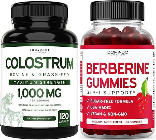 Calostro (120 cápsulas) Suplemento de cápsulas de calostro bovino y gomitas de berberina con canela de Ceilán (60 gomitas) Suplemento masticable sin