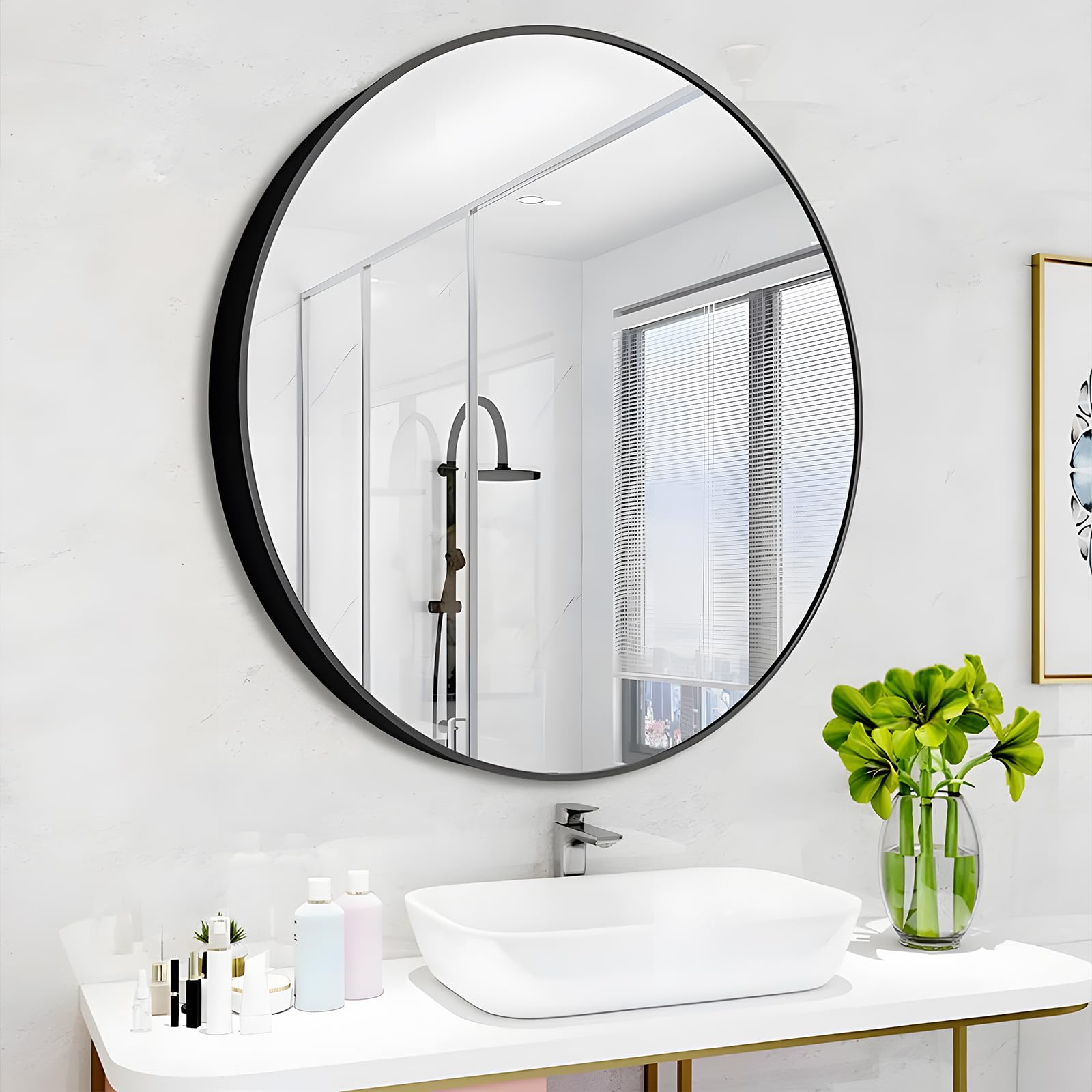 Lisa Espejo de baño Redondo 70 x 70 cm sin iluminación, Espejo de Pared Redondo 700 mm con Marco de Metal Negro Mate, Borde Negro,Vestíbulo, Dormitorio, salón,Decorativo