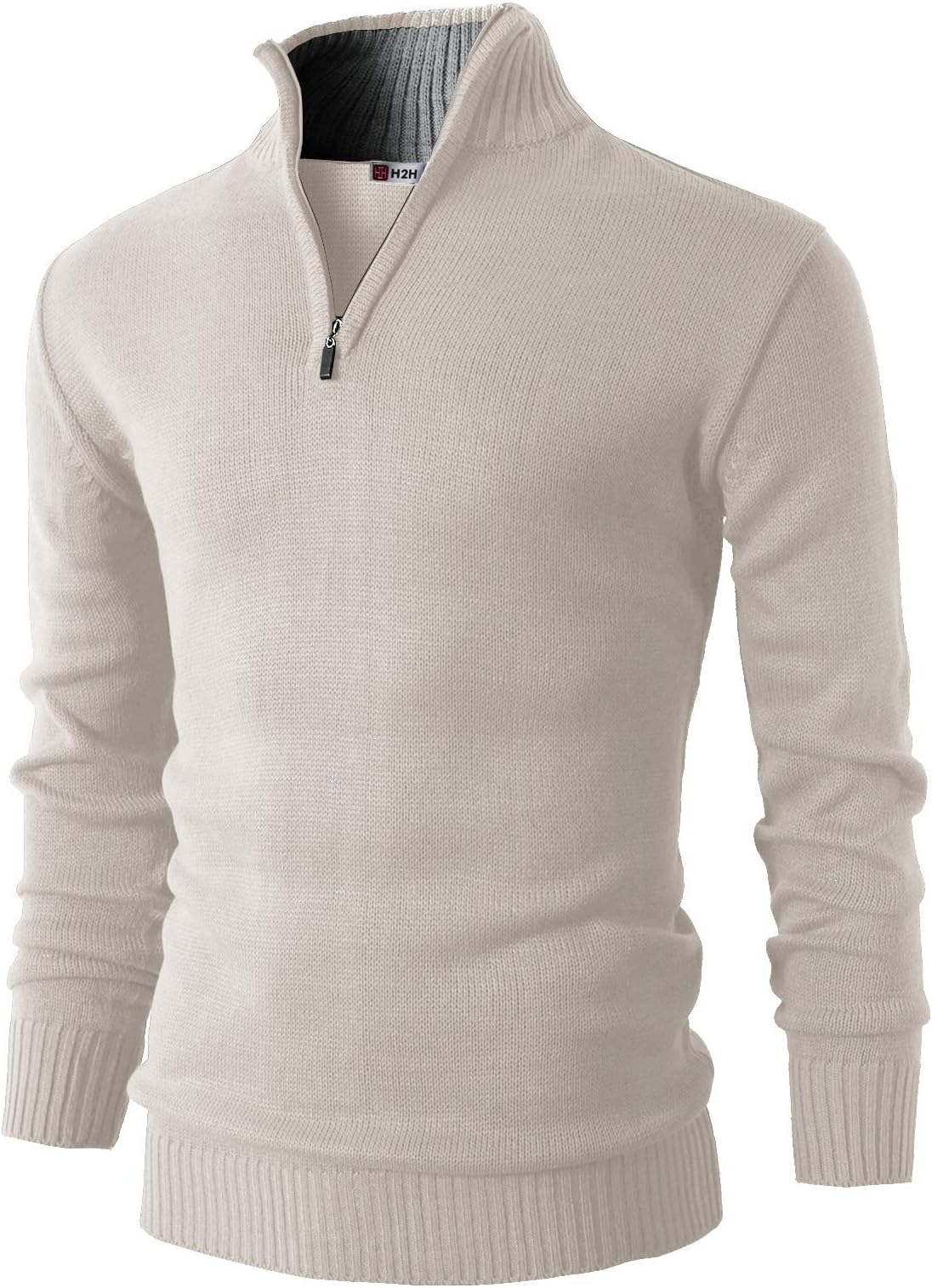 H2HMens Casual Slim Fit Pullover Sweaters Long Sleeve Knitted Fabric Zip Up Mock Neck Polo Sweater, Kmoswl021-oatmeal, M
