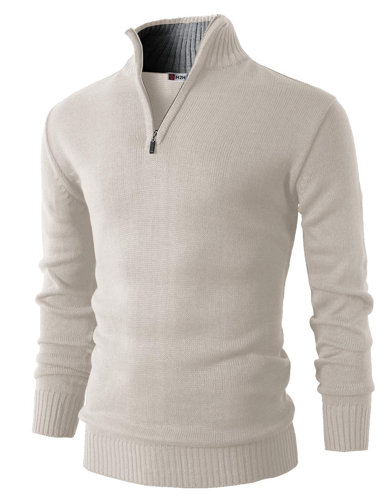 H2HMens Casual Slim Fit Pullover Sweaters Long Sleeve Knitted Fabric Zip Up Mock Neck Polo Sweater, Kmoswl021-oatmeal, M