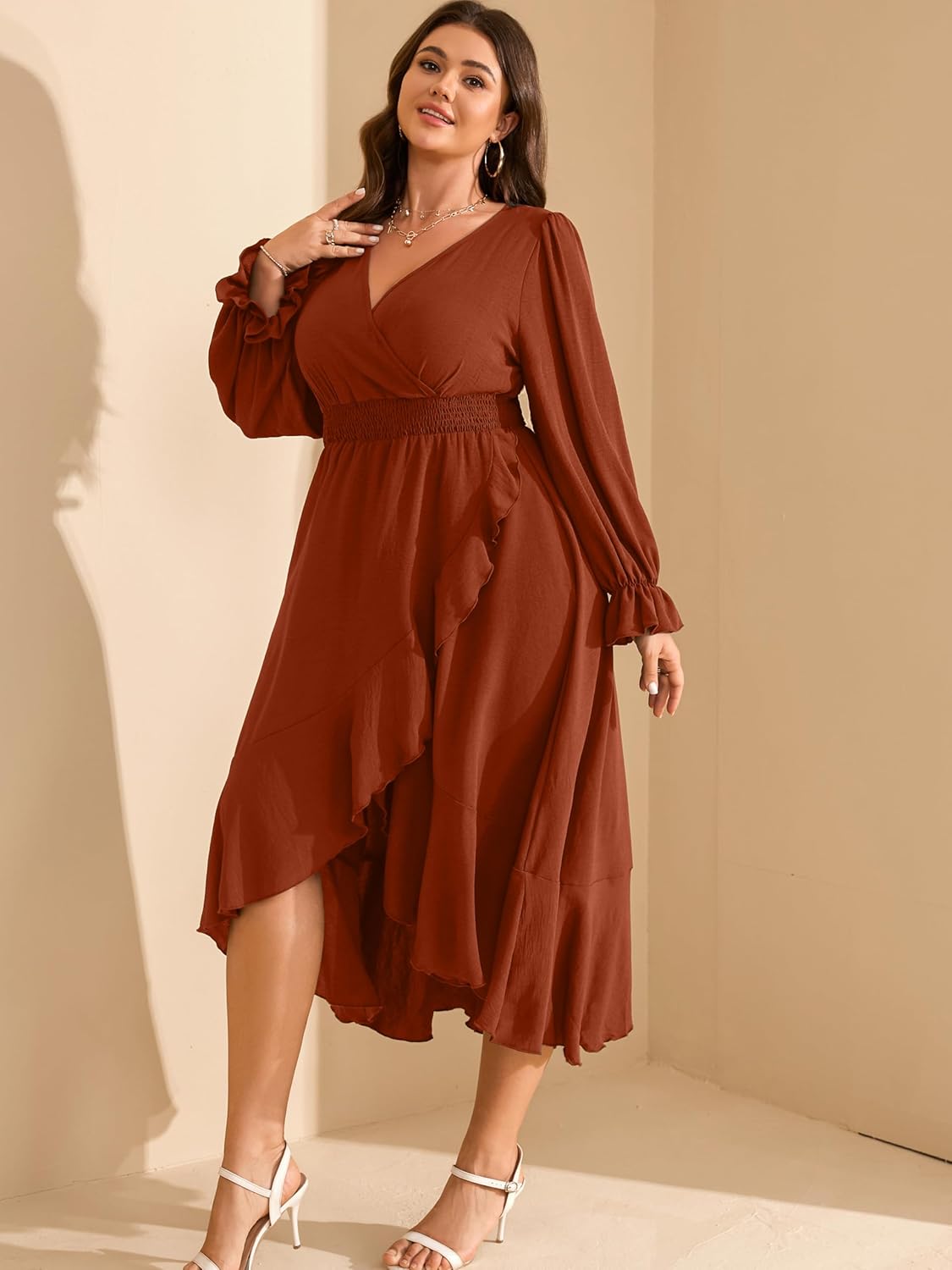 RWJ Women's Plus Size Wedding Guest Maxi Dress Wrap V Neck Long Sleeve High Low Ruffle Cocktail Fall Dresses - Image 5