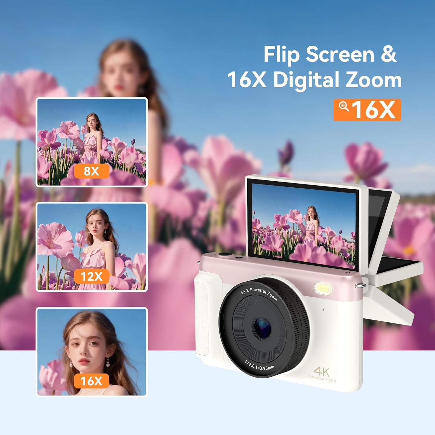 4K Digital Camera 75MP Autofocus Vlogging Camera, WiFi Compact Point and Shoot Camera 3 Inch 180°Flip Screen, 16X Zoom Anti-Shake 32GB SD 2500mAh Battery for YouTube Teens Beginners Travel Photography