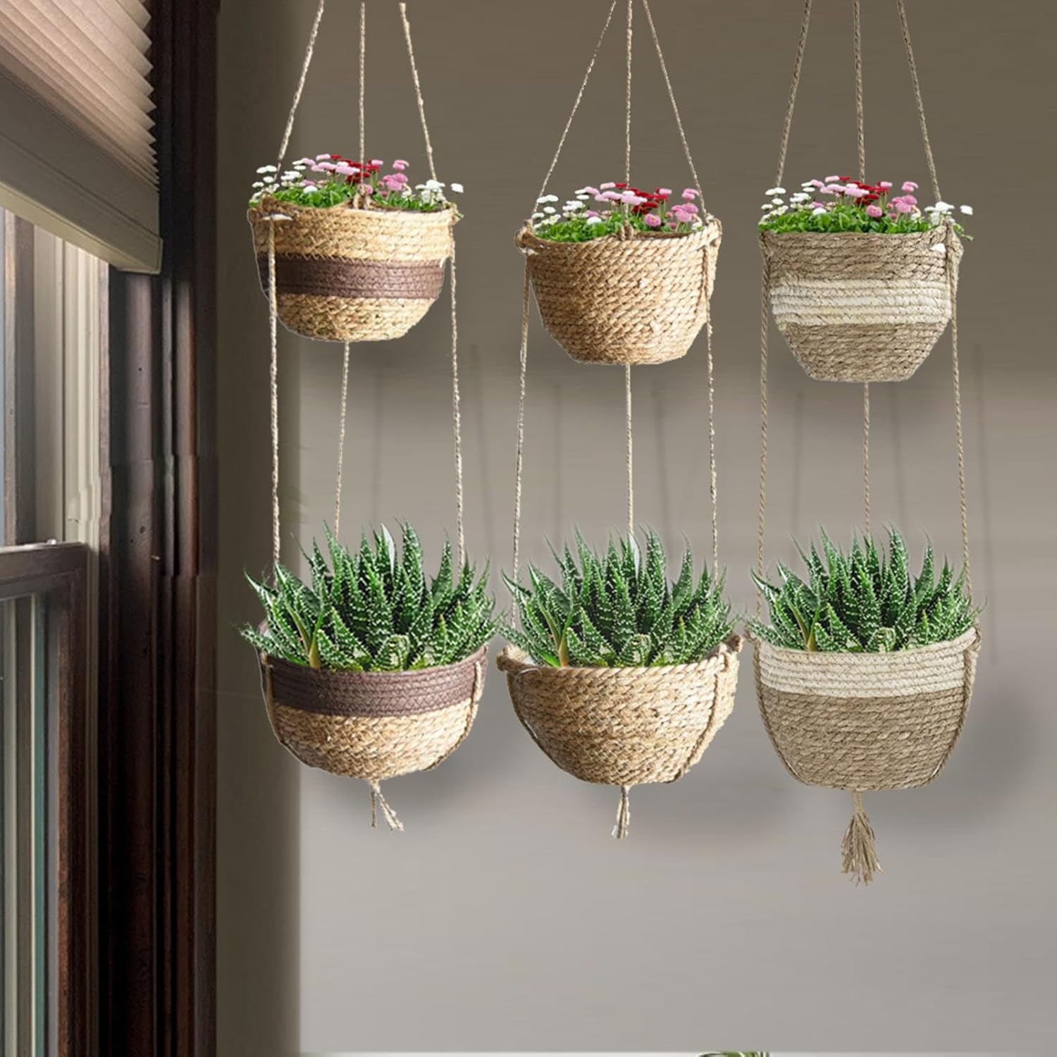 2 Tier Hanging Planter Basket, Rope Plant Hanger, Double Plant Hanging Planter Basket,Woven Flower Pot for Organizing Decorative Living Room Bathroom Bedroom