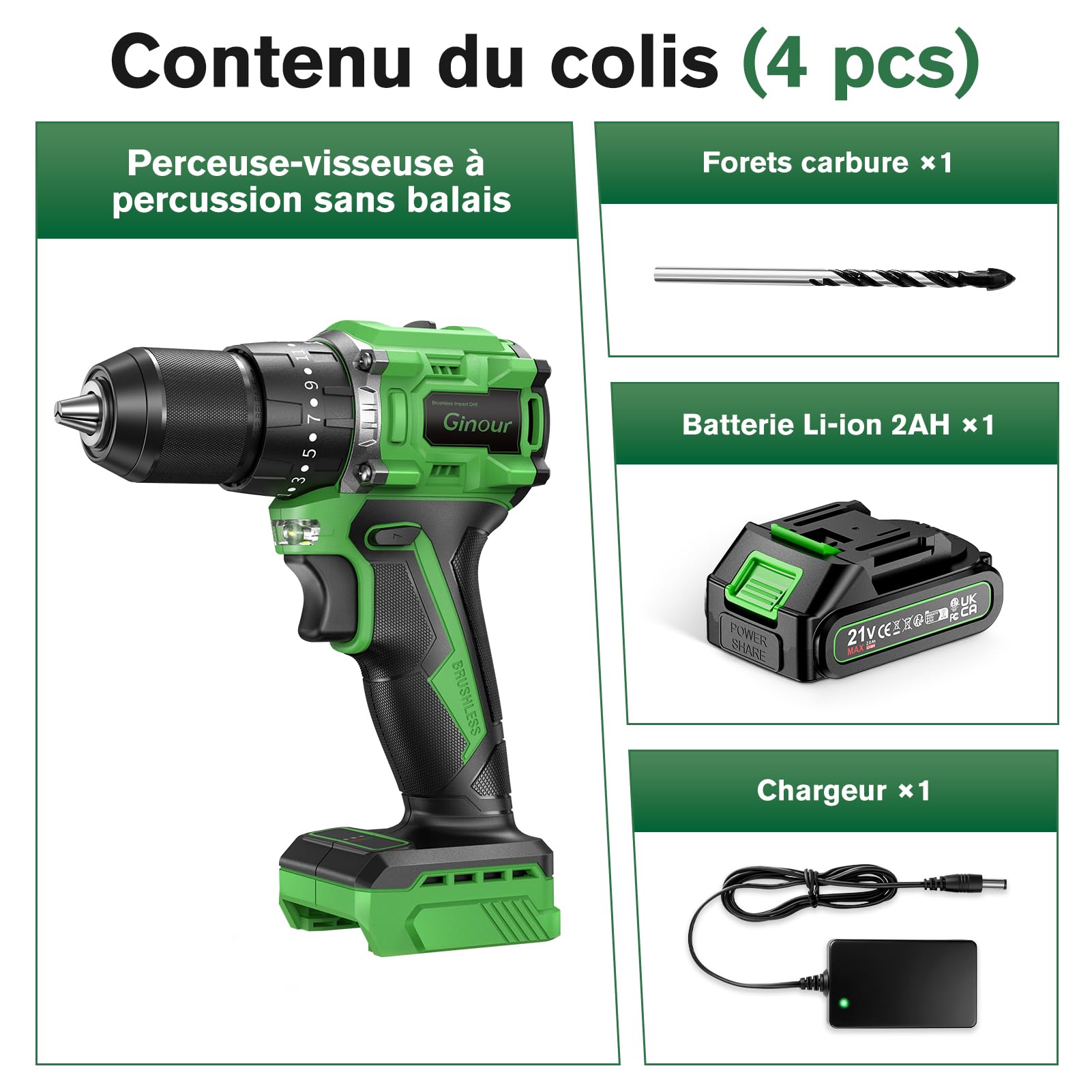 Ginour 50Nm Brushless Perceuse Visseuse Devisseuse Percussion sans fil 21V