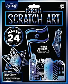 Rite Lite Kit de arte para rascar de Israel – 24 tarjetas temáticas de Israel con 12 herramientas para rascar, listo para colgar con cordón azul – Actividad creativa divertida – Revela el color azul