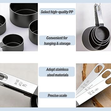 10-Piece Measuring Cups and Spoons Set, 5 Measuring Cups & 5 Spoons with Stainless Steel Handles, Dishwasher Safe & Stain Resistant, Nesting Set for Dry & Liquid Ingredients(Black)