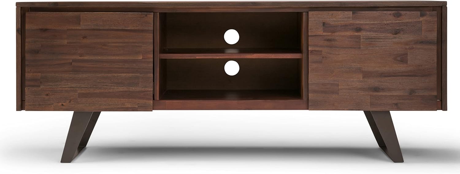 SIMPLIHOME Lowry TV Stand - 63 inch Wide Solid Acacia Wood Media Console in Distressed Charcoal Brown, Industrial Entertainment Center for Living Room for TVs up to 70 Inches with Cabinets and Shelf
