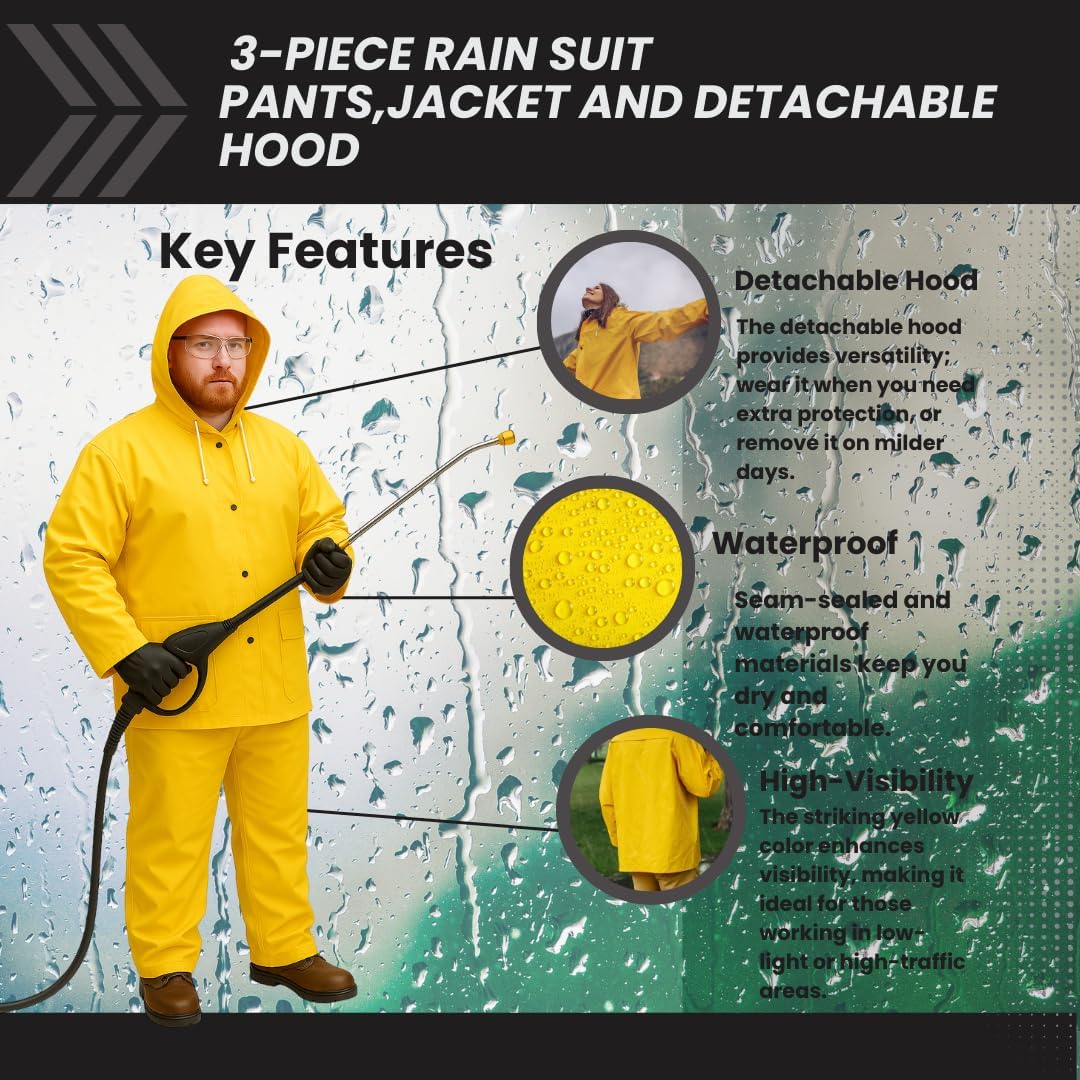 Seattle Glove 3001 Industrial 3-Piece Yellow PVC Rain Suit, Bib Style Overall and Jacket with Detachable Hood (1 Set)