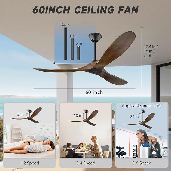 60Inch Ceiling Fan without Light, 3 Wood Blade 6 Speed Quiet Reversible DC Motor Ceiling fan with Remote Control, Large Indoor Outdoor Ceiling Fans for Patios Bedroom Living Room Farmhouse