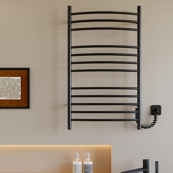12-Bar Towel Warmer, Heated Towel Rack, 4-Support, Matte Black | 304 Stainless Steel 12-Bar Heated Towel Rack With Four Supports And Plug-In Or Hardwired Installation, Matte Black