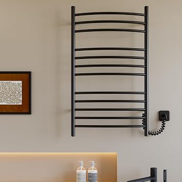 12-Bar Towel Warmer, Heated Towel Rack, 4-Support, Matte Black | 304 Stainless Steel 12-Bar Heated Towel Rack With Four Supports And Plug-In Or Hardwired Installation, Matte Black